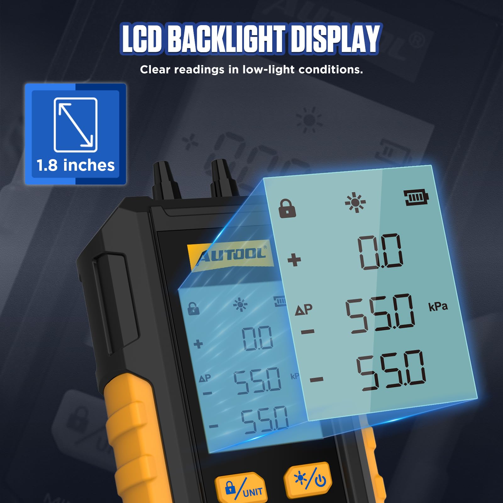 AUTOOL Manomètre de Pression de Gaz, PT503 Manomètre de Digital Numérique Manomètre Différentiel HVAC, ±0.5% FSO Précision, 101Kpa~200Kpa, écran LCD Rétroéclairé