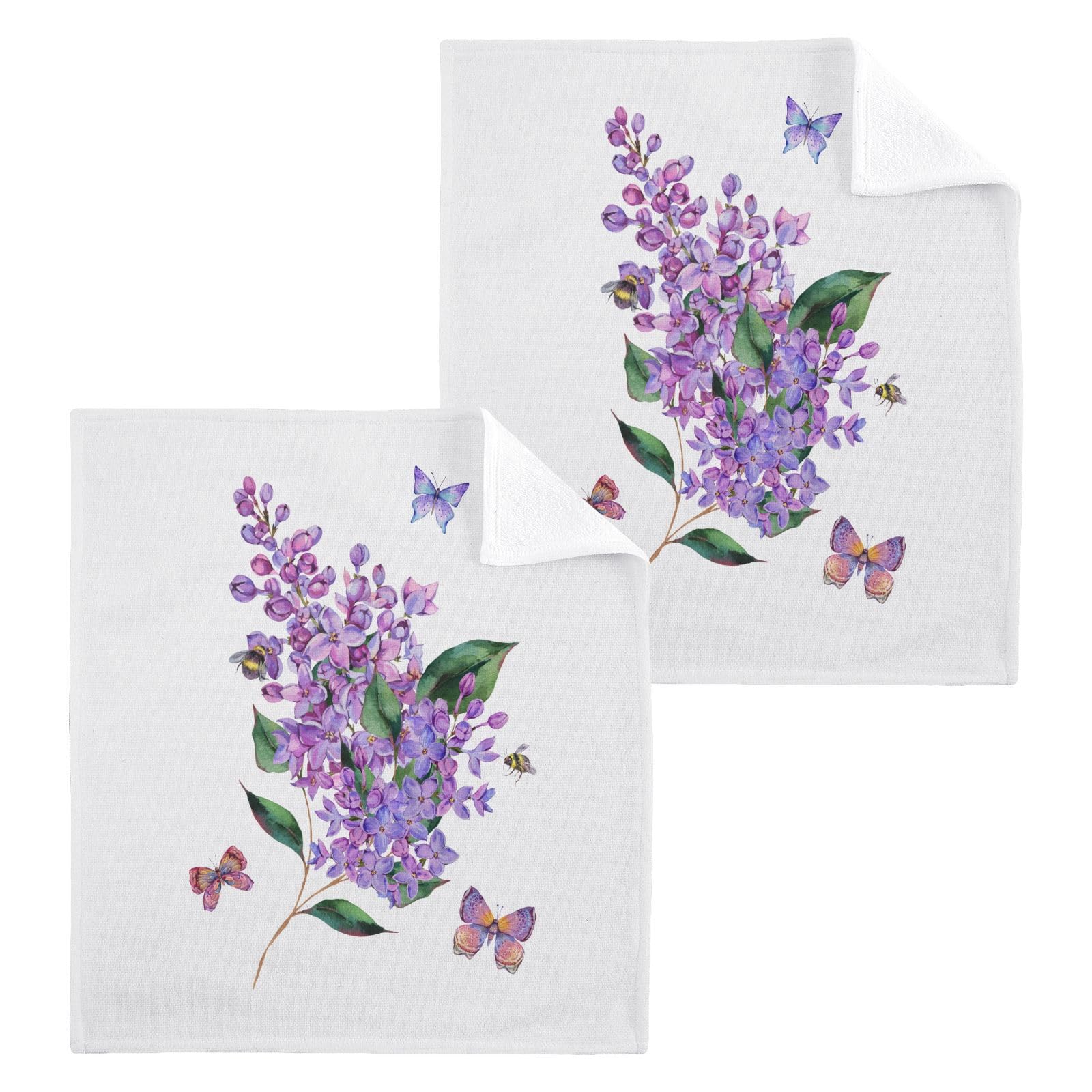 Doterii Washcloths Spring Lilacs Flowers and Butterfly Wash Cloths 2 Pcs Small Cotton Wash Towels for Kitchen Bathroom