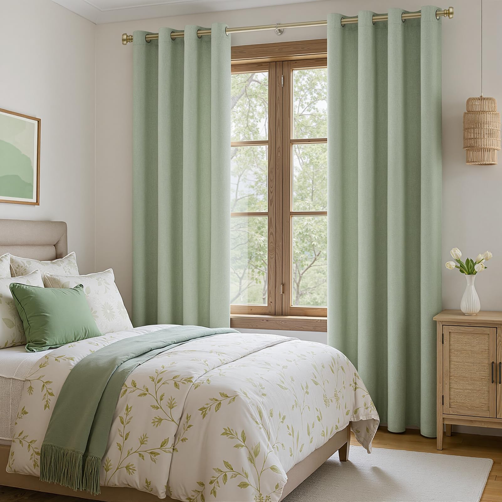 MRTREES Tende 100% Oscuranti Lino Corte per Interni Moderne Finestre Camera da Letto Soggiorno Salotto 2 Pezzi Tenda Oscurante Tende Termiche Isolanti con Occhielli, Verde Salvia, 140x160 CM