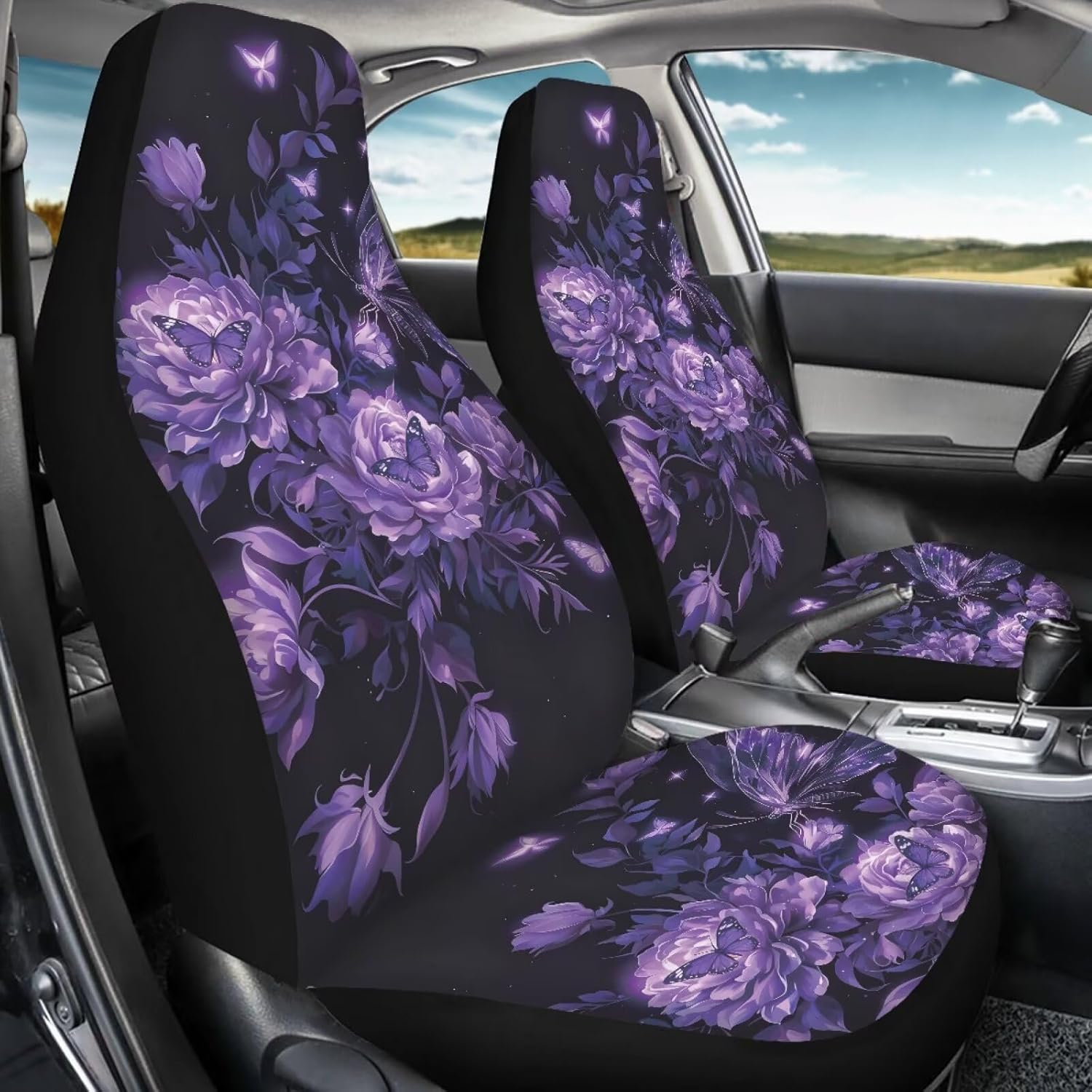 Poceacles Car Seat Covers Set of 2, Universal Auto Front Seat Covers Soft Protective Automotive Interior Accessories Decorations for Car Truck Sedan SUV, Violet Floral Butterfly