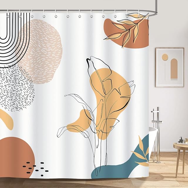 Bonhause Abstract Boho Arch Leaves Shower Curtain 180 x 180 cm Mid Century Modern Minimalistic Art Bathroom Curtain Waterproof Mildew & Mould Resistant Polyester Fabric Bath Curtain with 12 Hooks