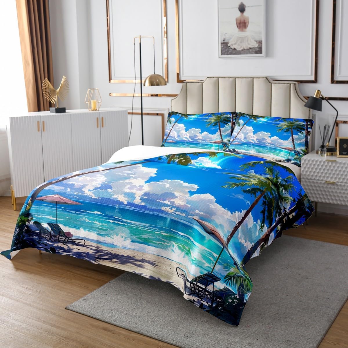 Erosebridal Hawaii Beach Bedspread Sets Seaside Holiday Coverlet Sets Tropical Plants Palm Tree Quilt Set Blue Ocean Theme Bedding Set King Size for Kids Boys Girls Room Decor