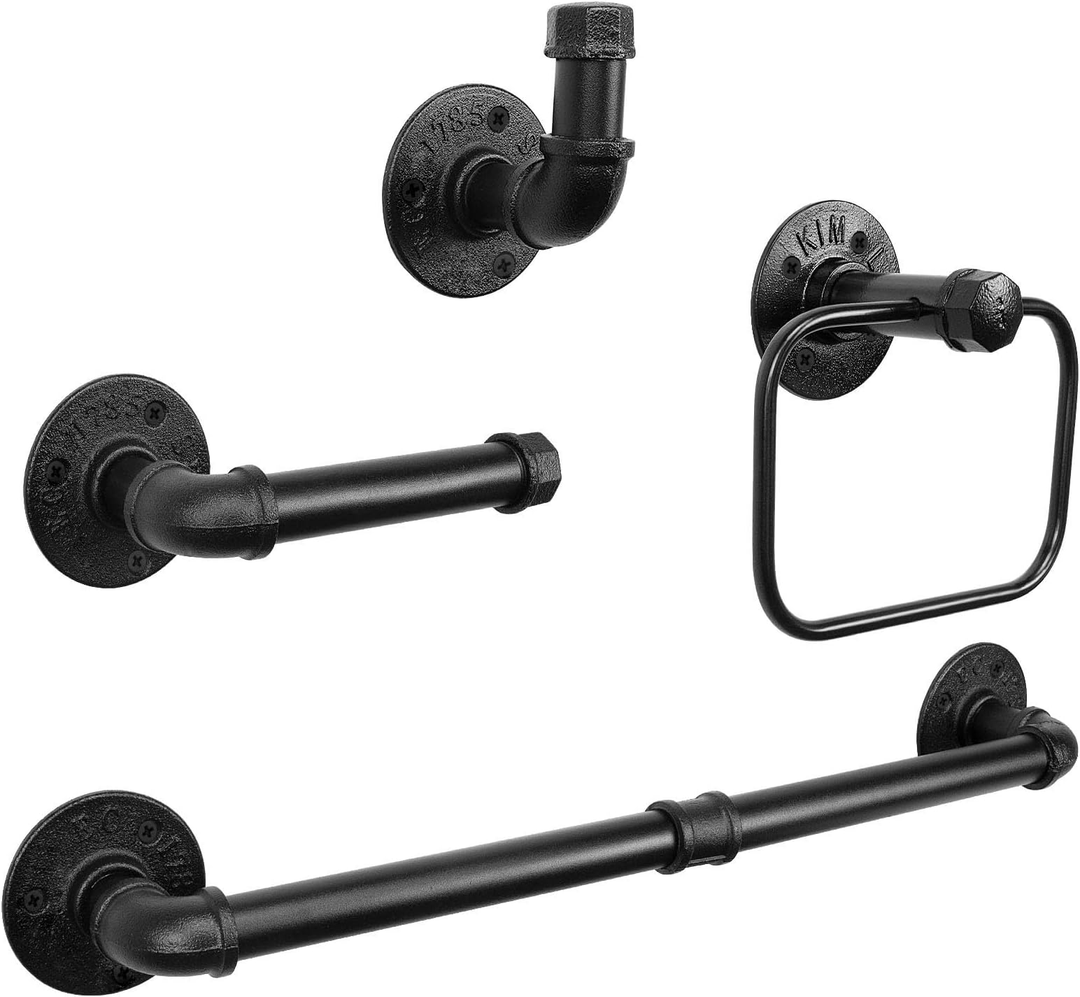 4-Pieces Industrial Pipe Bathroom Towel Ring Kit DIY Wall Mount Accessories Kit Includes Robe Hook Towel Bar and Towel Ring (18 inch)