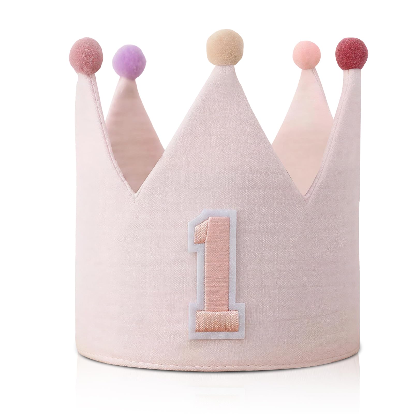 Qubitly 1st Birthday Hat for Baby Girls Boys, Light Blue First Birthday Hat with White Pom Poms, Soft Felt Baby Boy Party, 1 Year Old Party Supplies (Pink (1))