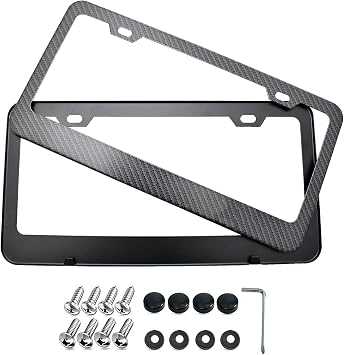 Carbon Fiber License Plate Frame, TUINCYN Black Metal Aluminum Auto Car Tag Holder Cover, Slim Design for Women & Men with Stainless Steel Screws and Caps -2 Pack for Front & Rear 2 Holes Wide Edge