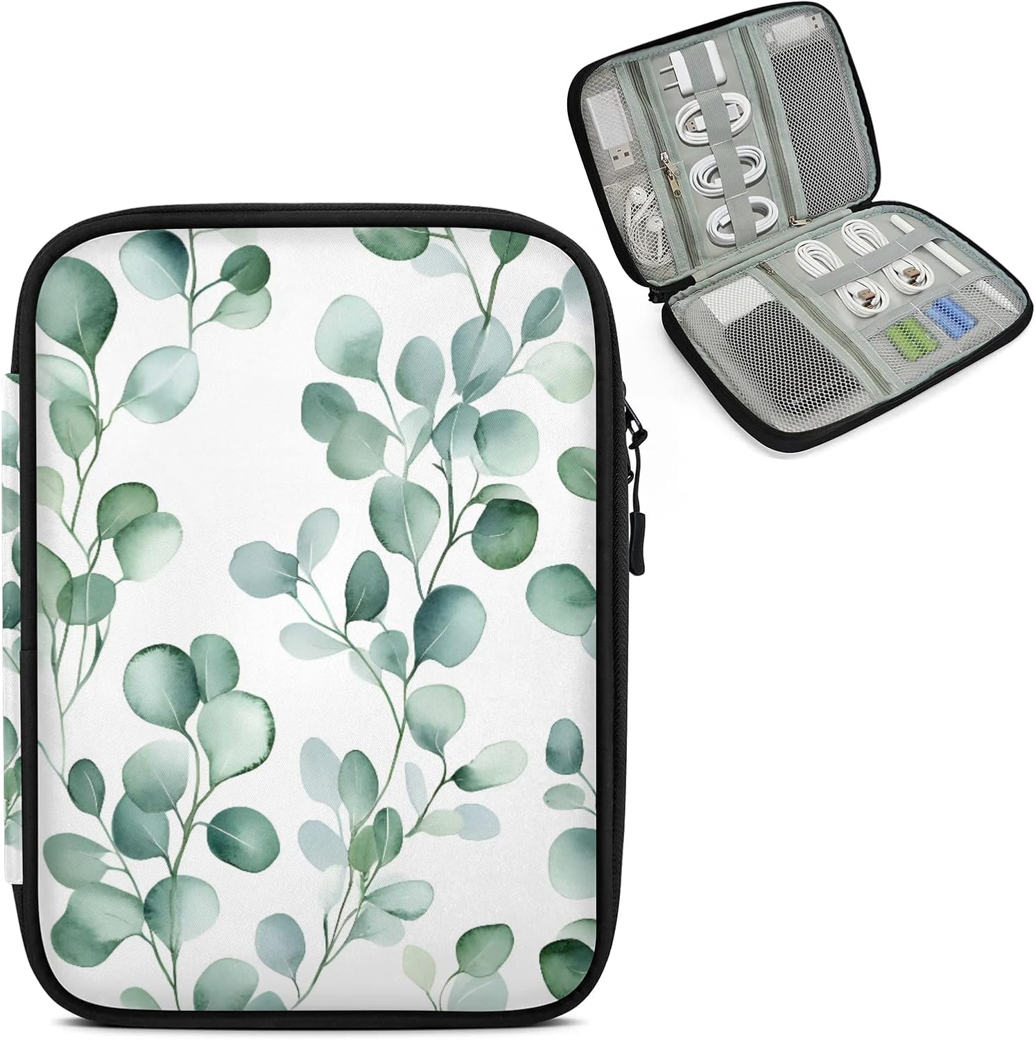 Eucalyptus Leaf Travel Electronic Organizer Case, Sage Green Spring Tech Organizer Pouch Cord Storage Bag for Phone, Cable, Charger, Accessories
