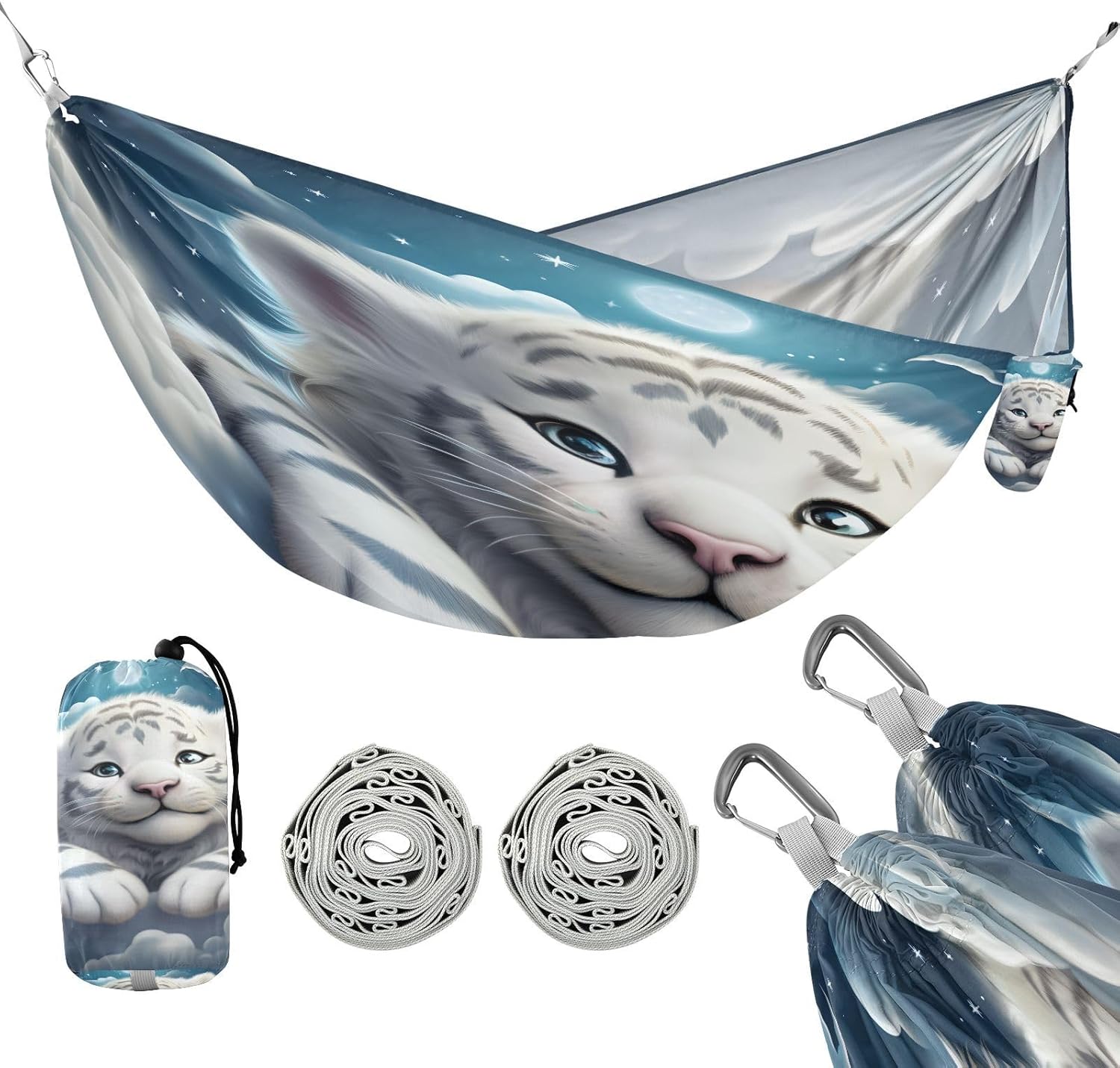 ALAZA Cute White Tiger Starry Camping Hammocks Single or 2 Person 500 lbs Portable Parachute Travel Hammock w/Tree Straps for Hiking Backpacking Indoor Outdoor