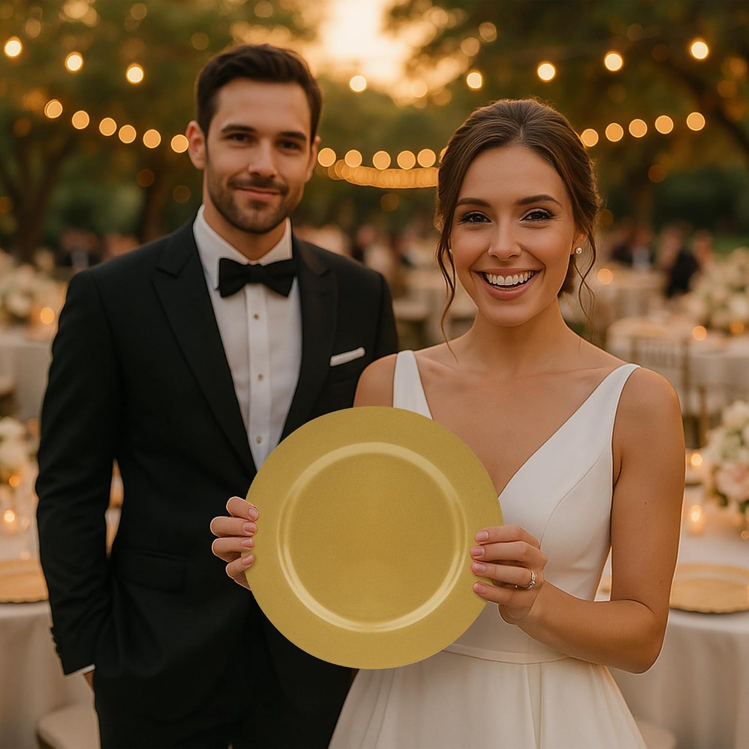 JEVERGN 50 Pack Gold Charger Plates Bulk, 13" Chargers for Dinner Plates, Gold Plate Chargers Set of 50, Round Plastic Charger for Wedding, Party Event, Dinner, Table Setting