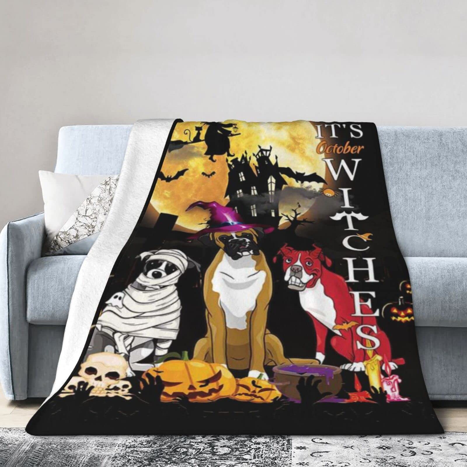 Lsjuee Flannel Fleece Blanket 60"X50" Boxer Dog Halloween Trick Or Treat Halloween Dog Bed Throw Blanket Quality Ultra-Soft Travel Winter Blankets for Womens Keep Warm