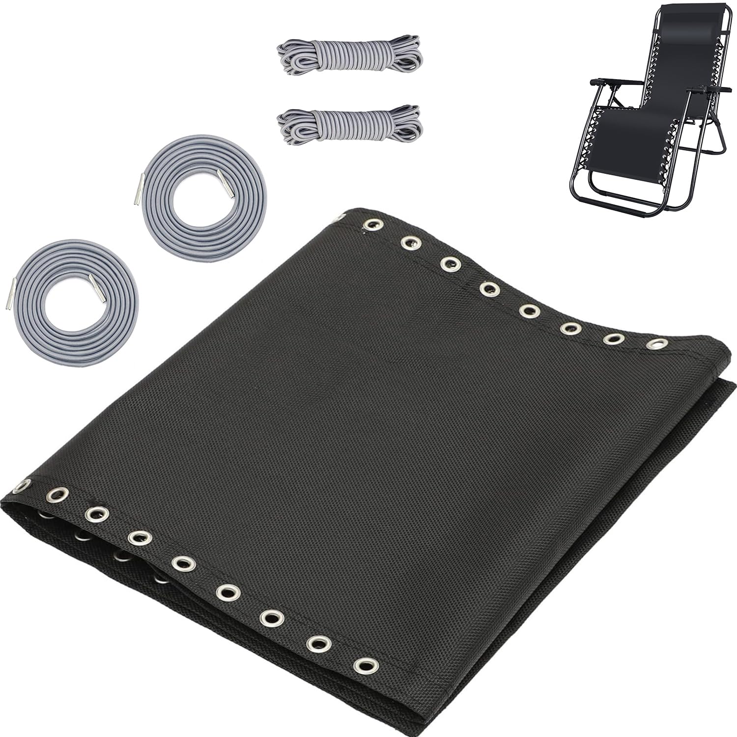 Universal Sun Lounger Replacement Cloth & Cord Set, Black, Waterproof, Breathable, Durable