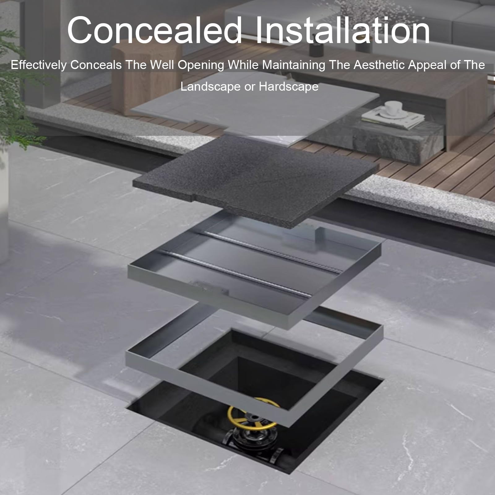 Cubierta para tanque séptico de acero inoxidable, cubierta cuadrada empotrada con diseño invisible incrustado para patio y entrada, duradera de 50 x 50 cm / 20x20in para pavimento