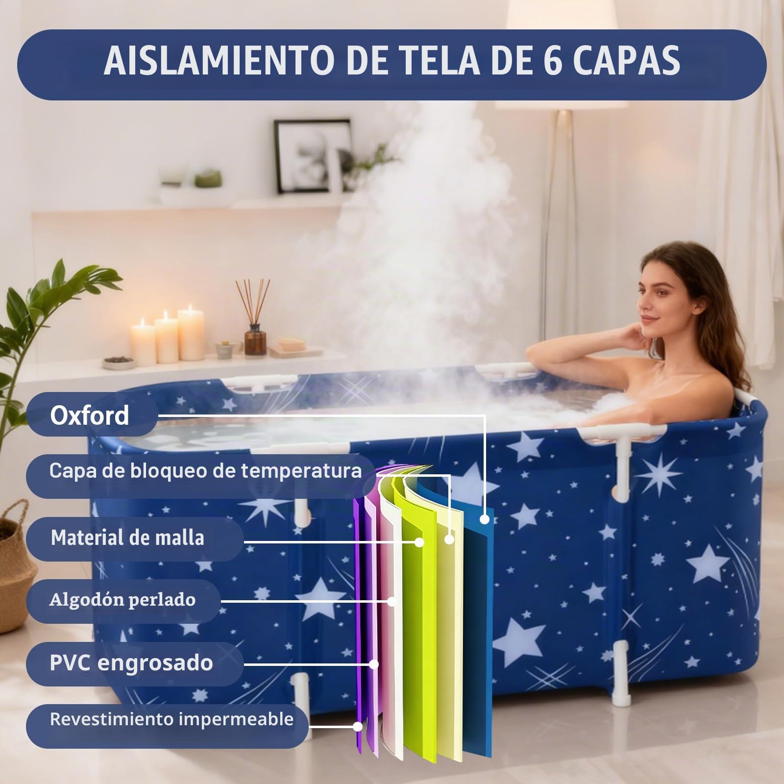 Bañera Plegable para Ducha, Bañera Portátil para Adultos con Cojines, Bañeras Independiente para Interiores y Exteriores, 120 x 55 x 50 cm (Azul)