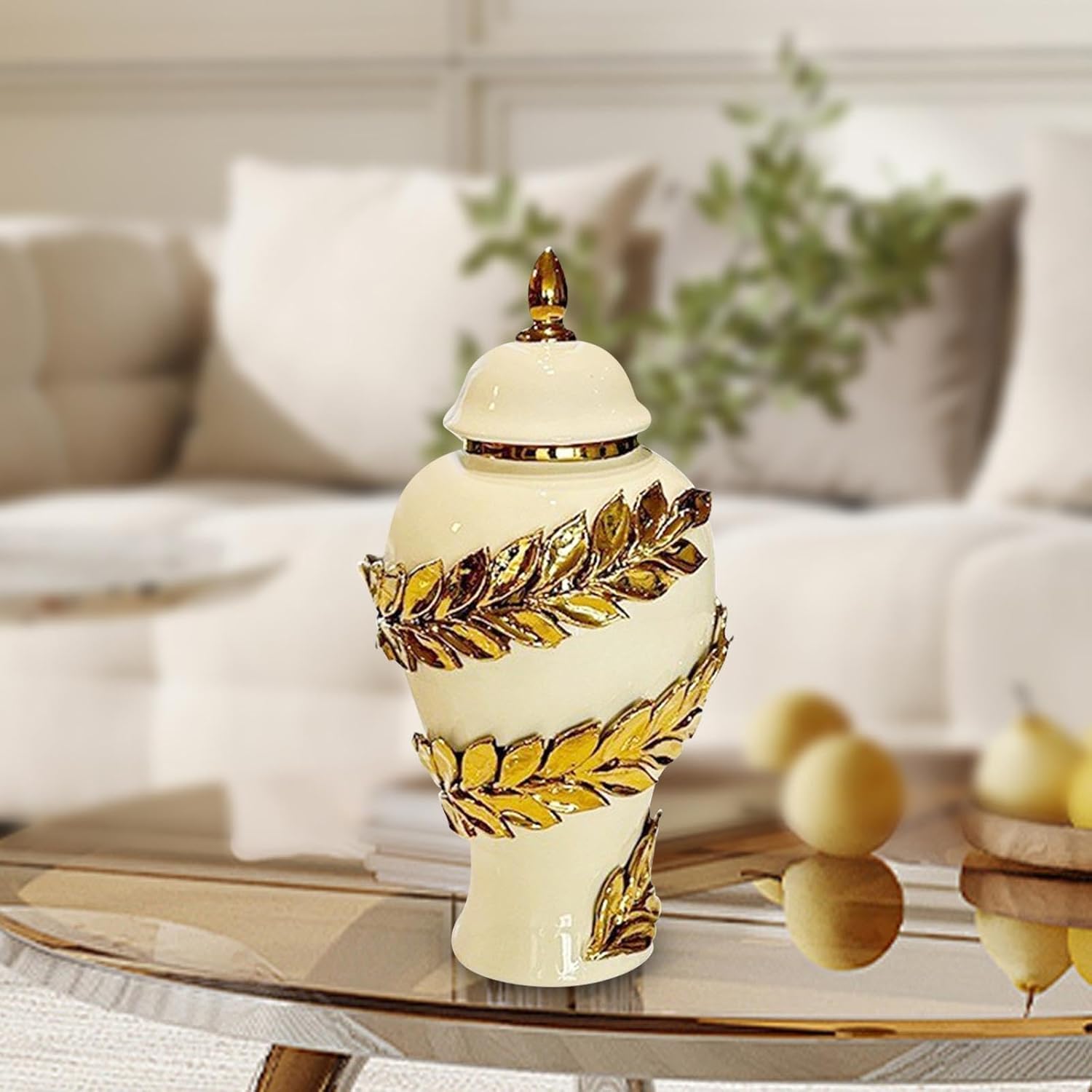 Ceramic Flower Vase Porcelain Ginger Jar Glaze Decorative Storage Tank Temple Jar for Bedroom Desktop Fireplace Indoor Plants, 17cmx17cmx30cm