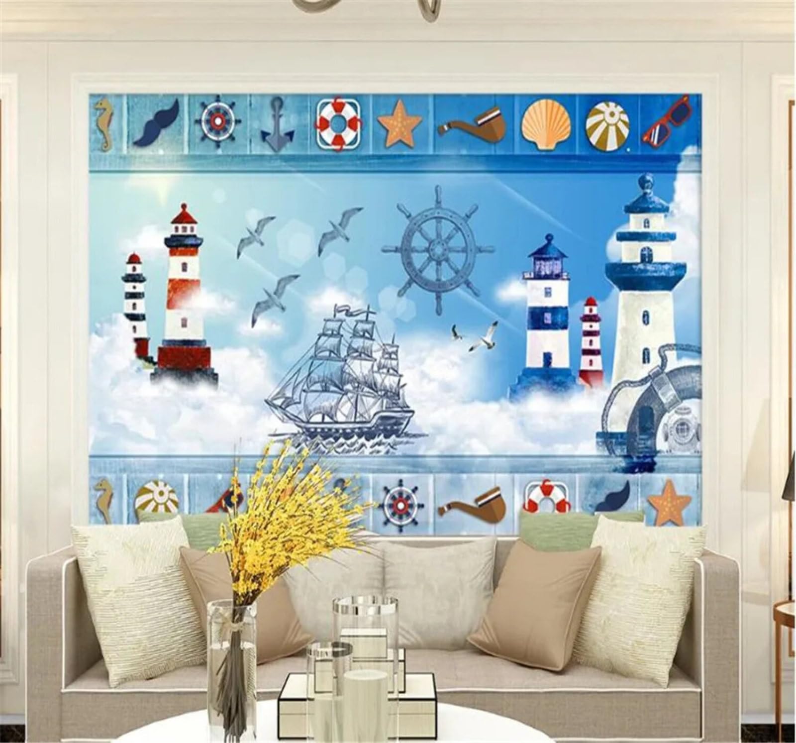 Tzxztt Ocean Seagulls Lighthouses Sailing Ships Cartoon Modern 3D Wallpaper Premium Textured Silk Neutral Tones Material Ideal for Living Room Bedroom-300cm×210cm