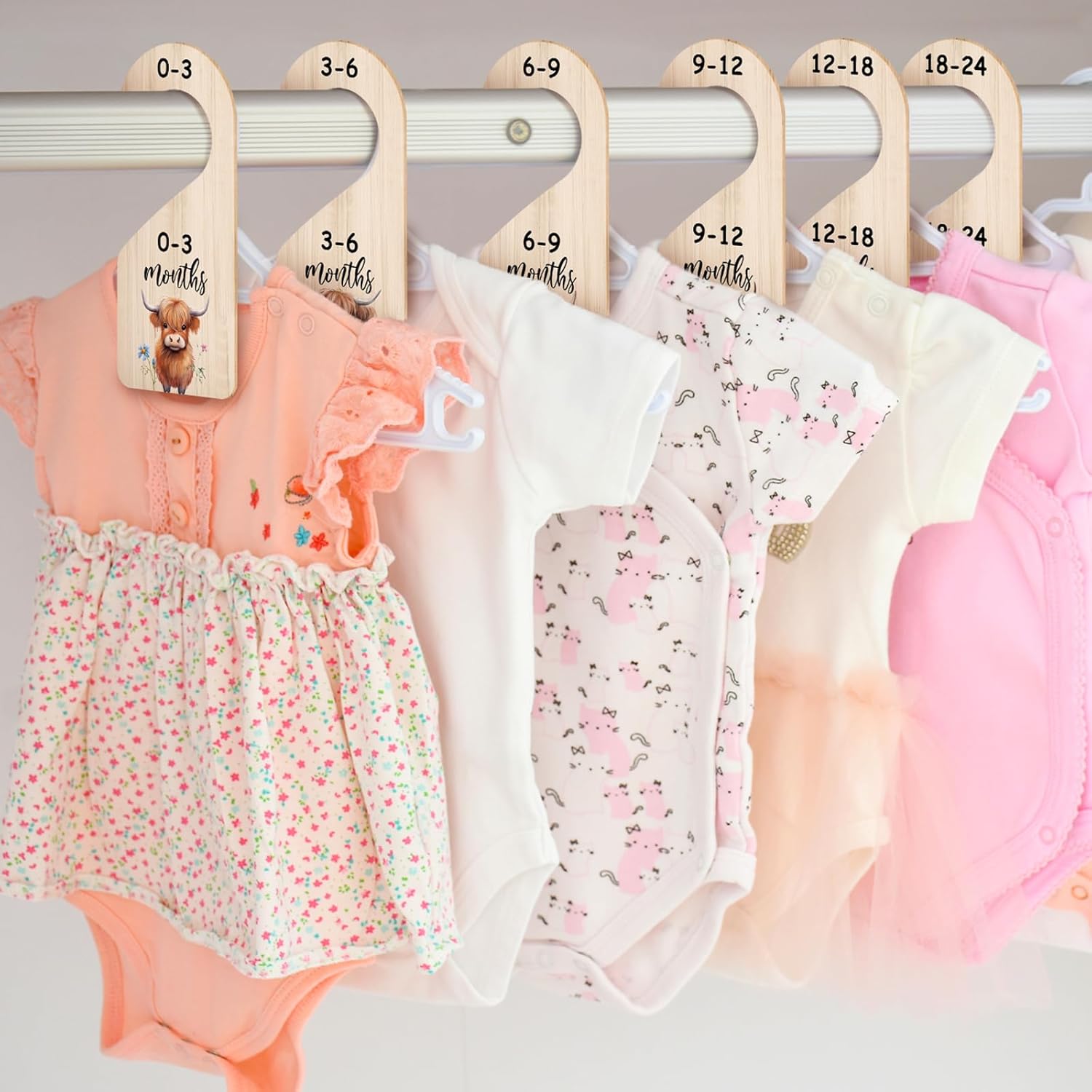 7 Pcs Highland Cow Baby Closet Dividers for Clothes Organizer Double Sided Wooden Nursery Closet Dividers for Baby Boy Girl Newborn to 24 Months Home Nursery Supplies image 5 of 6 B0CSFNW9HQ