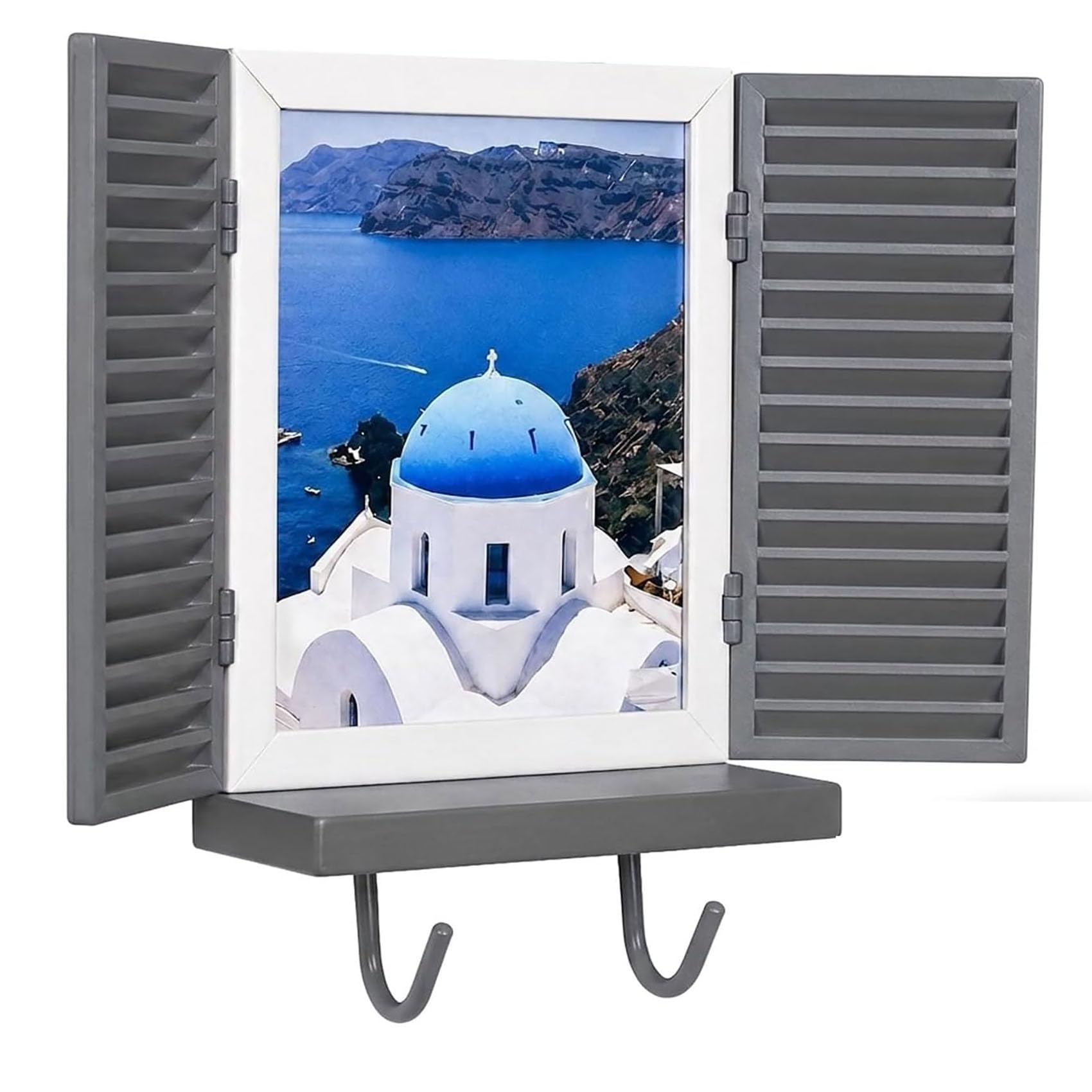 Yacriso Mediterranean Window Photo & Key Holder, Personalized Photo Key Holder & Hooks, Wall-Mounted Rustic Shutter Organizer with Floating Shelf, Home Decor for Entryway, Hallway, Living Room (Gray)