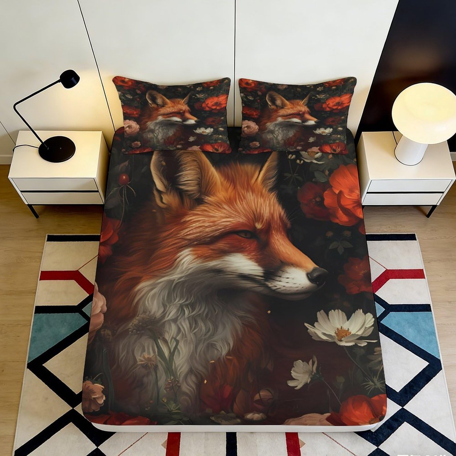 3D Printed Fox Forest Fitted Sheet Microfiber Soft Breathable Autumn Leaves Bed Cover for Bedroom Dorm Bed Protection Decor 90x200x25cm