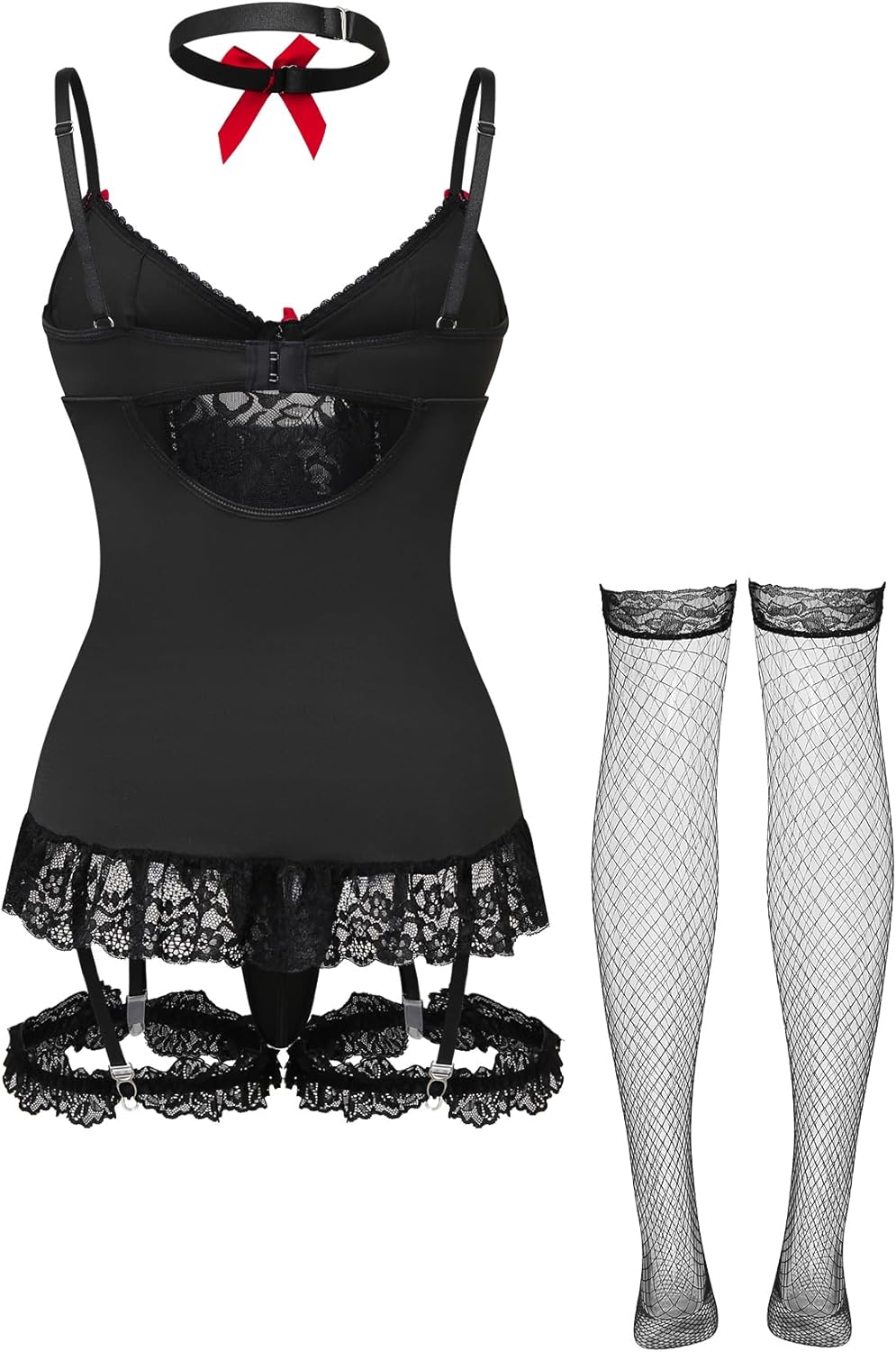 Lilosy Sexy Stocking Garter Belt Bows Floral Lace Babydoll Corset Push Up Teddy Lingerie Set with Panty - Image 6