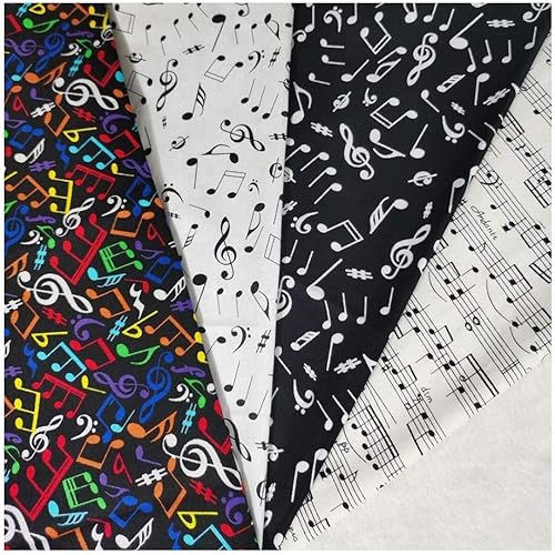 Tela de algodón ATEYC, 9.8 x 9.4 in, colorido nota musical Stave Joy Music Score negro blanco paquete algodón DIY tela patchwork, 4 unids
