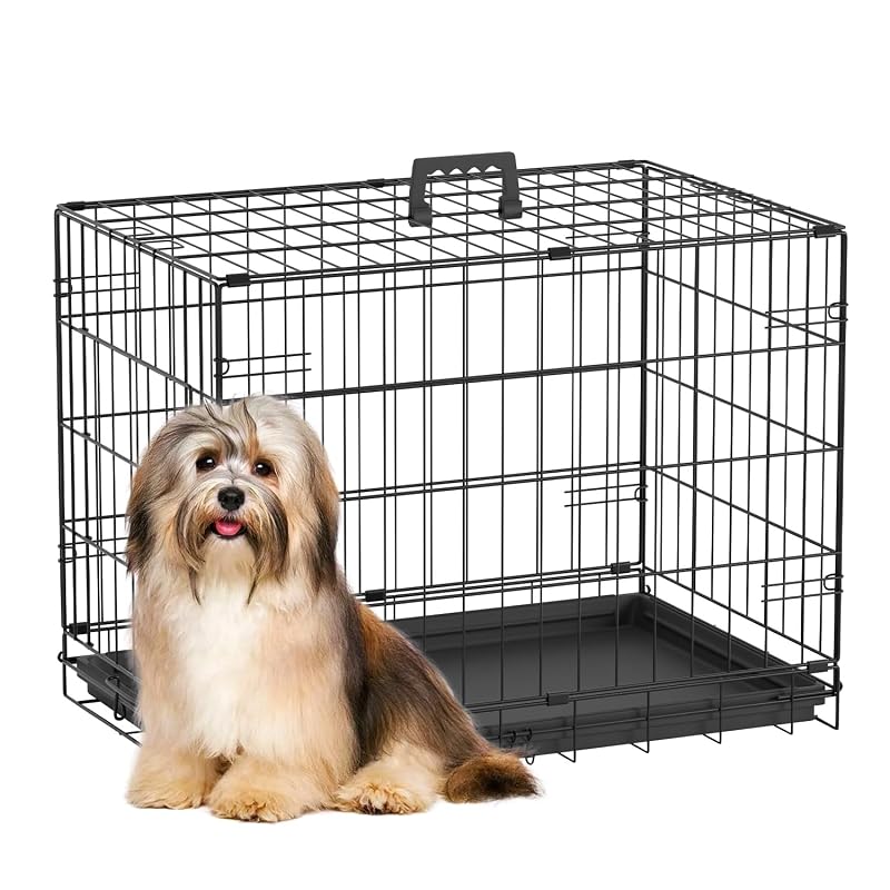 Grade para Cães Pequenos FDW de Metal Dobrável com Porta Única e Bandeja Removível Dark Black – 60,96 cm