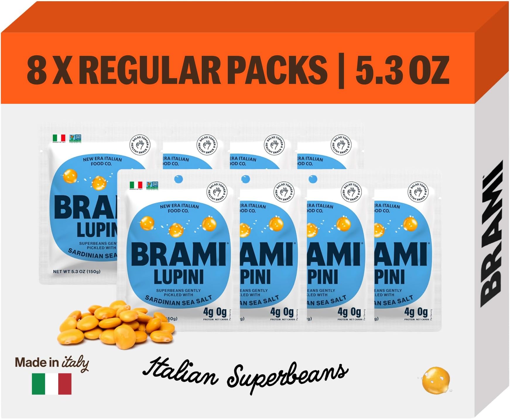 BRAMI Lupini Bean Snack, Sea Salt | Plant Protein, Vegan, Gluten-Free, Low Calorie, Zero Net Carb, Keto, Lightly Pickled, Mediterranean Legume | Pack of 8, 5.3 oz (150g)