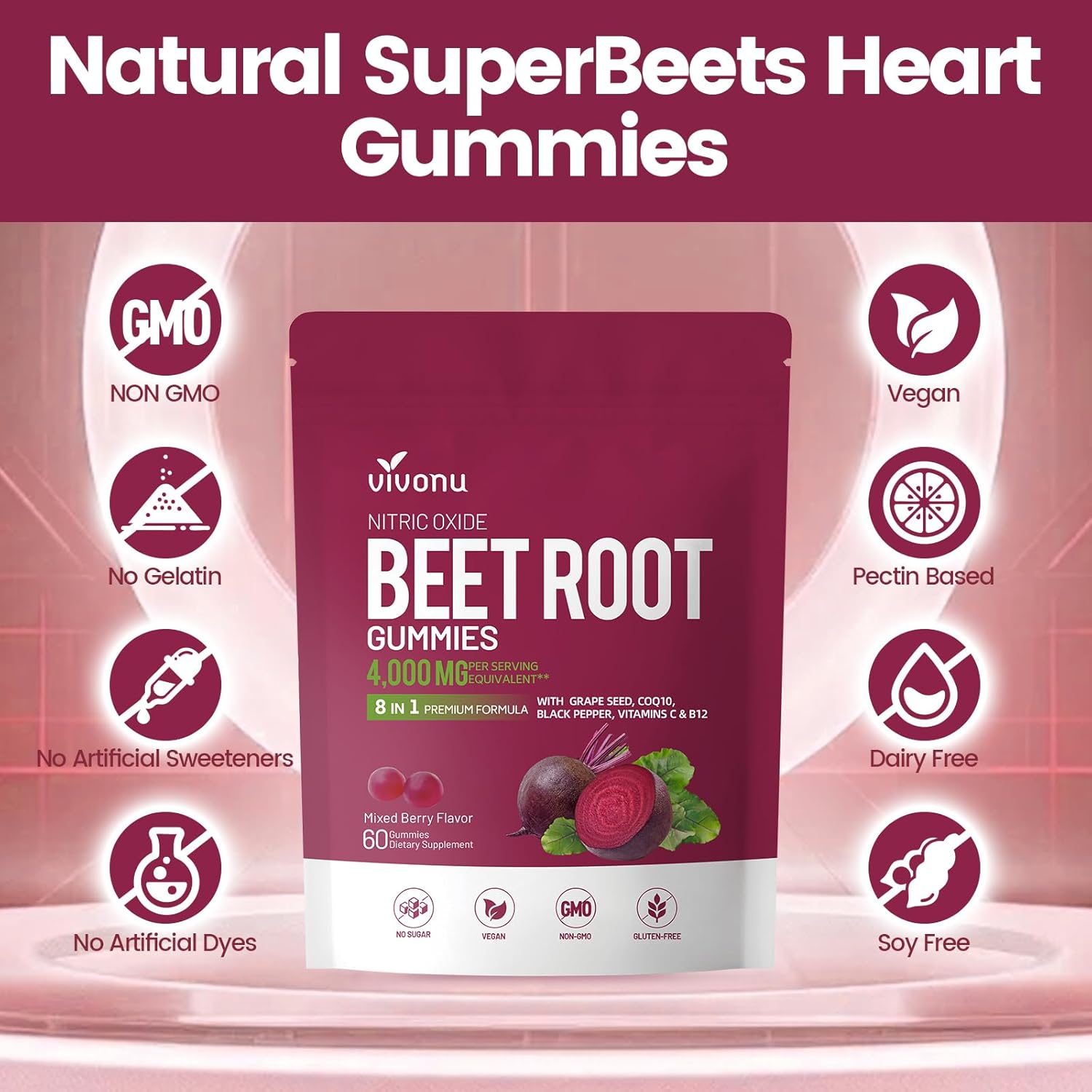 VivoNu Beet Root Gummies 8-in-1 Premium Energy Supplement with CoQ10, Beetroot Extract, Grape Seed Extract, Black Pepper Extract, Vitamins C & B12, L-Arginine & L-Citrulline - Image 4