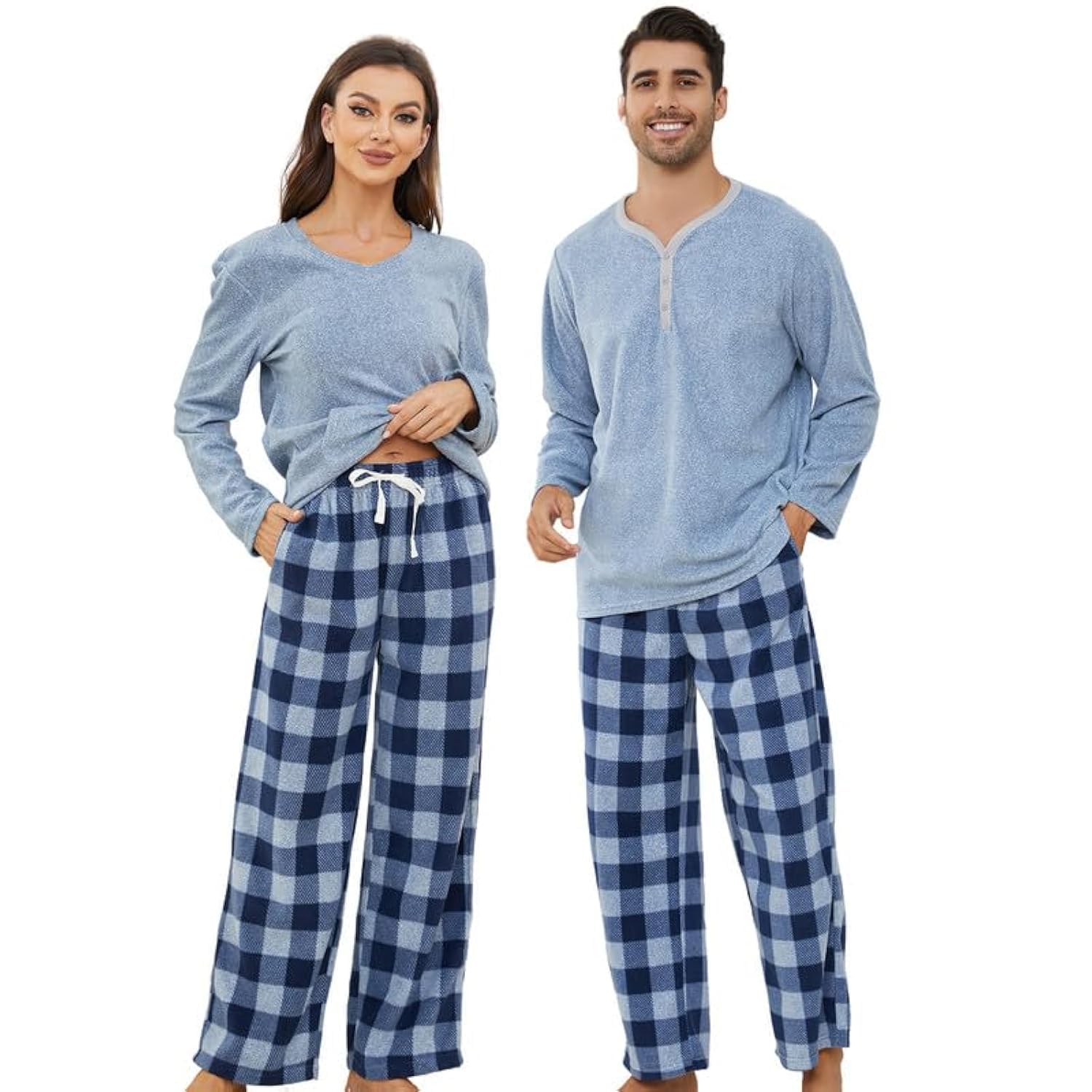 U2SKIIN Couple Pajama Sets, Plaid Pajama Set for Men and Women Soft Warm Pjs Set Women Small Blue Mel./Navy-blue Mel. Plaid Womens