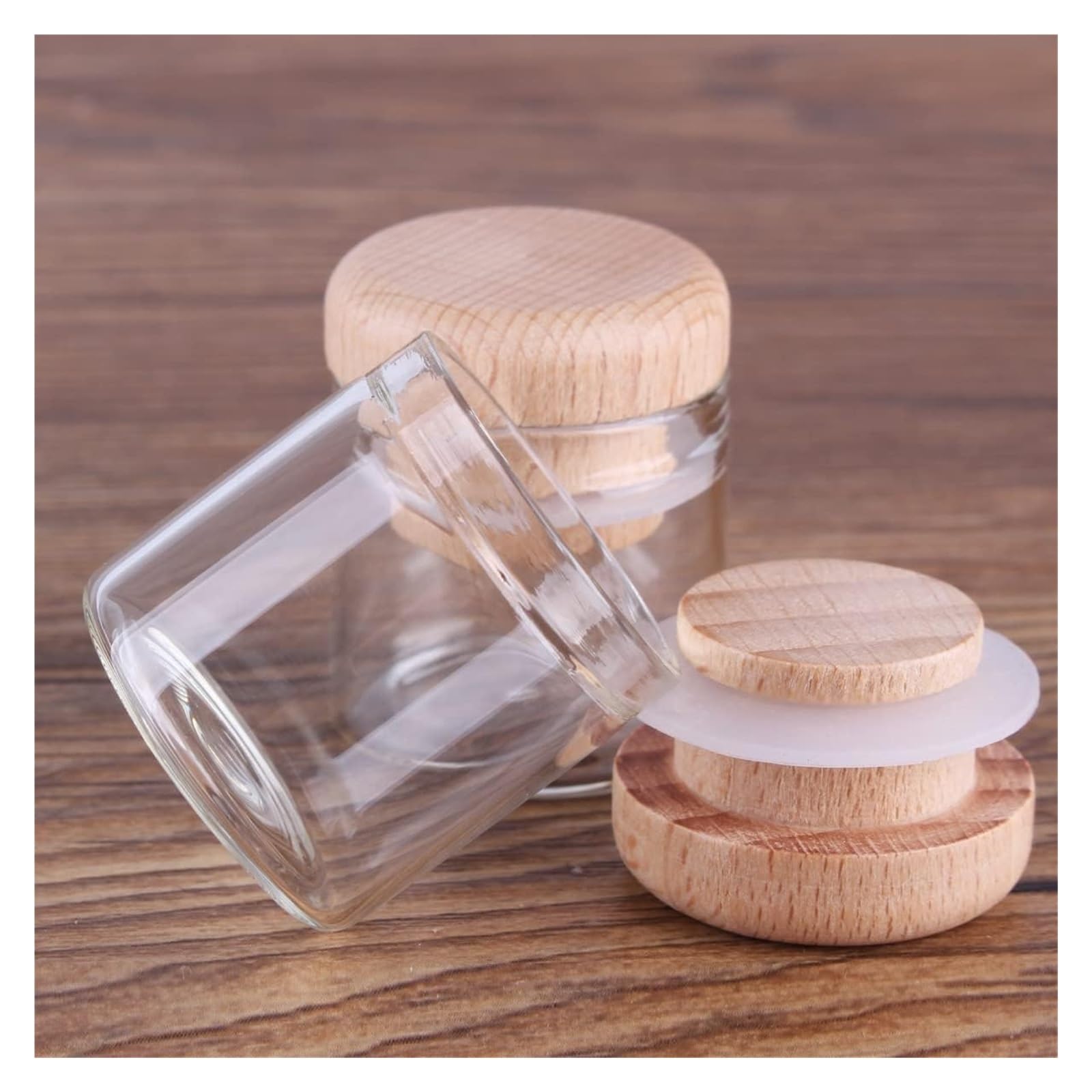 Przezroczyste szklane probówki, Opakowanie 24 probówek 10 ml z drewnianymi nakrętkami, przezroczyste, 30 mm x
