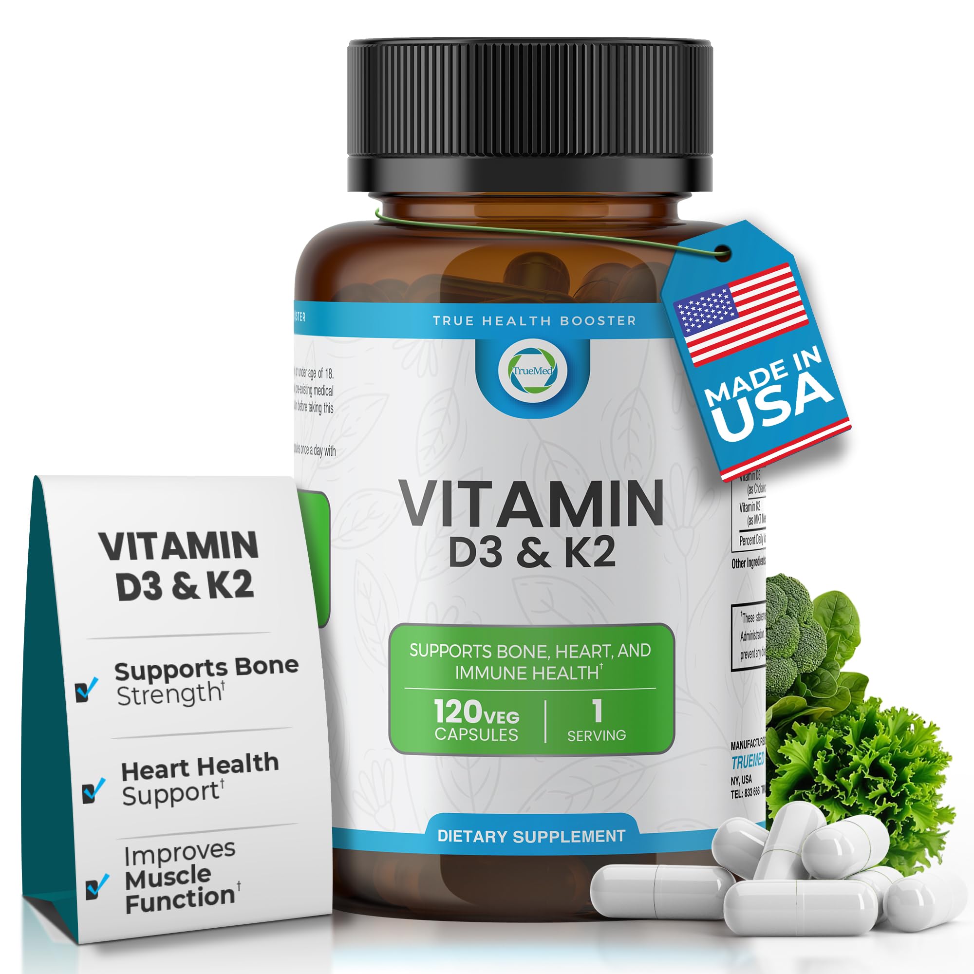 Vitamin D3 K2 5000 IU (MK-7 90 mcg) Supplement – 120 Veg Capsules – K2 D3 Vitamin Supplement for Bone, Heart & Immune Support & Calcium Absorption- Non-GMO, Gluten Free - Made in USA