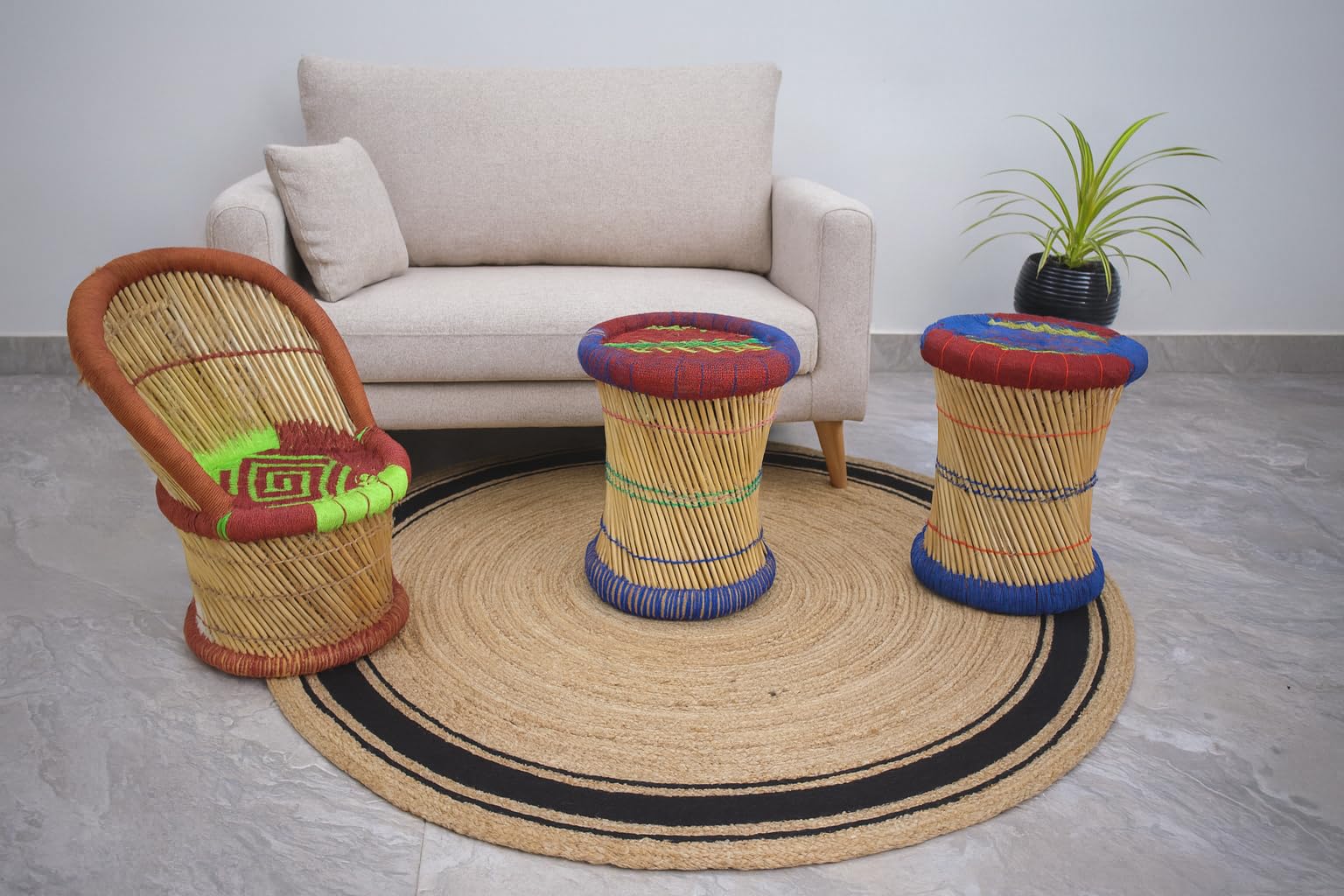 Tapis tressé à la Main en Jute Naturelle avec Lignes Noires - Rond - 150 x 150 cm