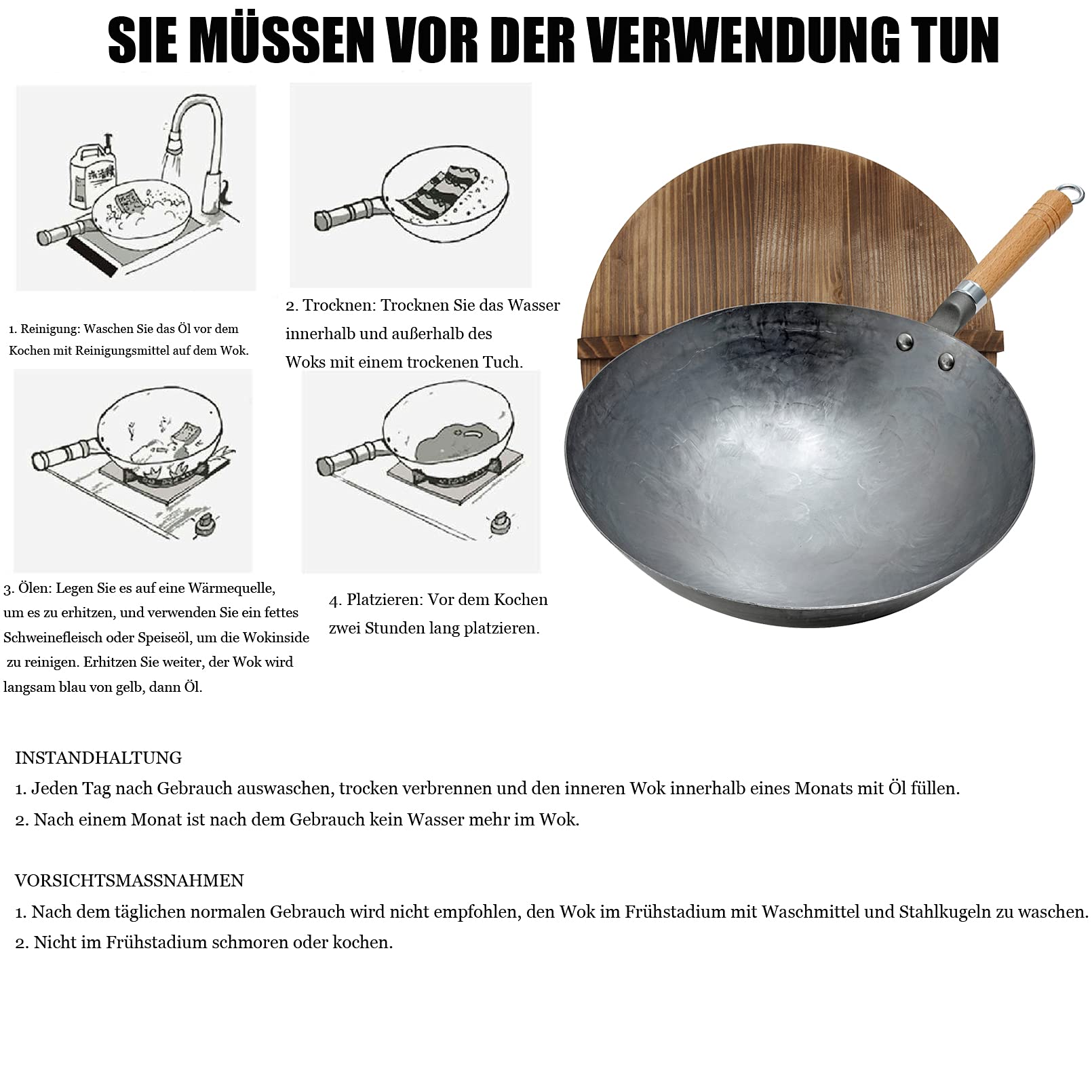 Wok Wok Tradizionale Wok in Acciaio al Carbonio Martellato A Mano con Manico in Legno E Acciaio Manico Rimovibile Wok Spesso 1,8 mm con Coperchio (Base Rotonda),36cm