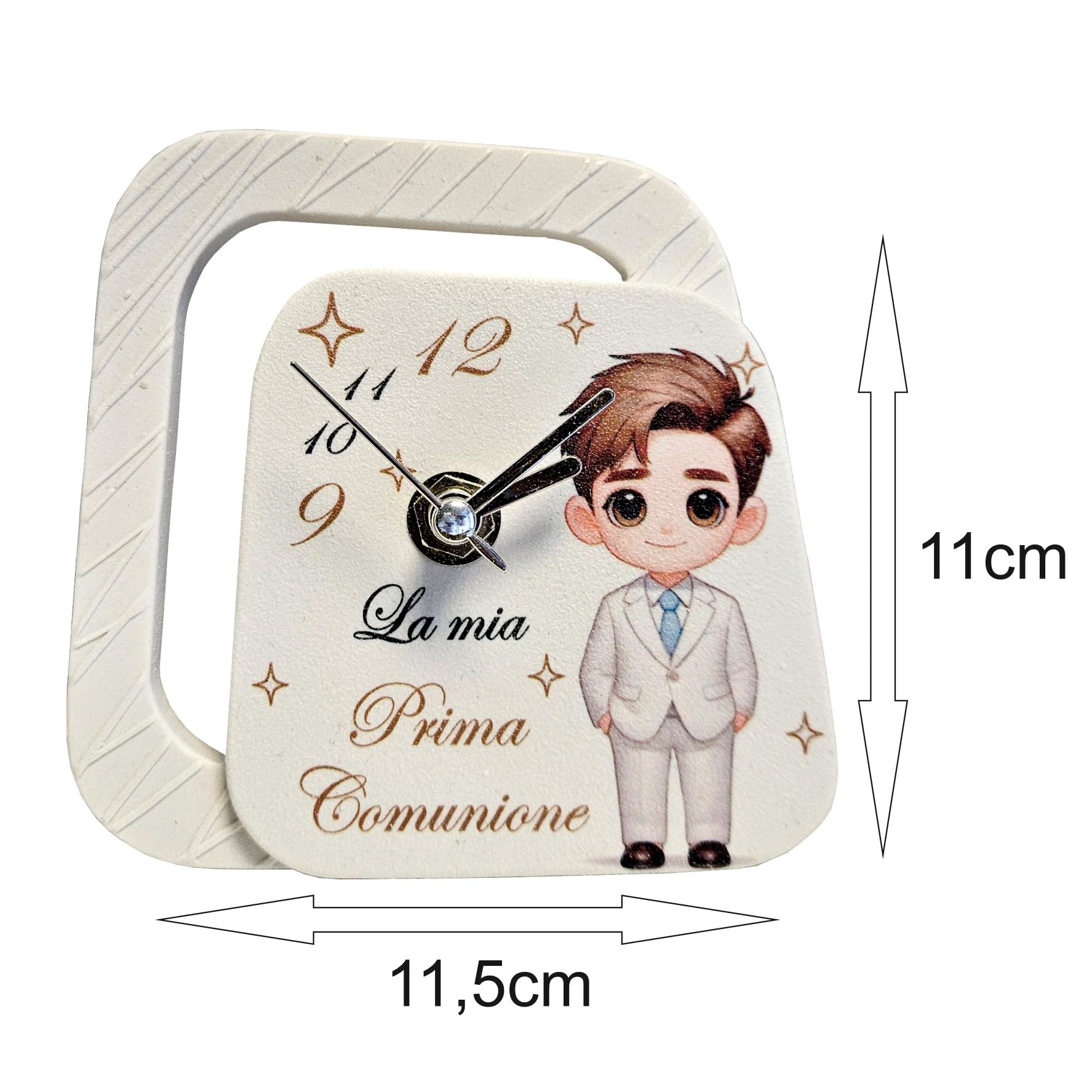 Generico Ametista Regali Bomboniere Set 6 Orologi Prima Comunione Maschio 11,5x11cm - Completi di Scatole, nastri in organza, confetti senza glutine e bigliettini personalizzati