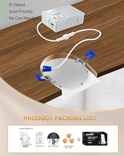 Miniatura 7 de Adetu Iluminación empotrable LED cuadrada de 6 pulgadas, 5CCT ultra fina luz de techo LED cuadrada con caja de conexiones, regulable