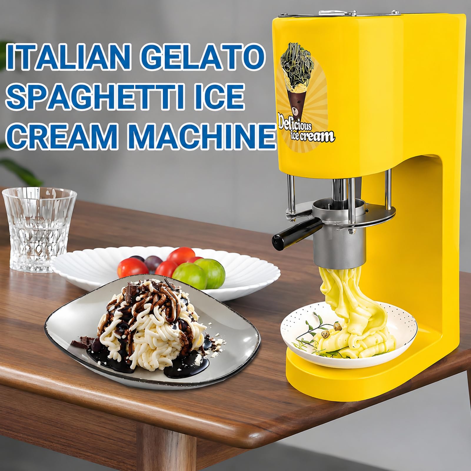 Machine à Glace Spaghetti, 80W Machine à Glace Italienne Professionnelle avec 4 Moules en Acier Inoxydable Machine Électrique à Glace Nouilles, pour Usage Commercial Restaurants et Desserts