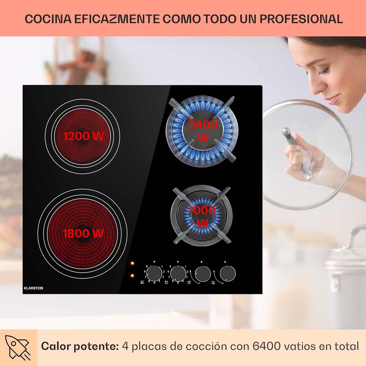Klarstein Encimera Cocina de Gas, 4 Quemadores, Placa de Gas 6.4kW para Cocina, Cocinas de con Quemador Wok de Acero Inoxidable, Encimera 4 Fuegos con Quemadores de para Casa