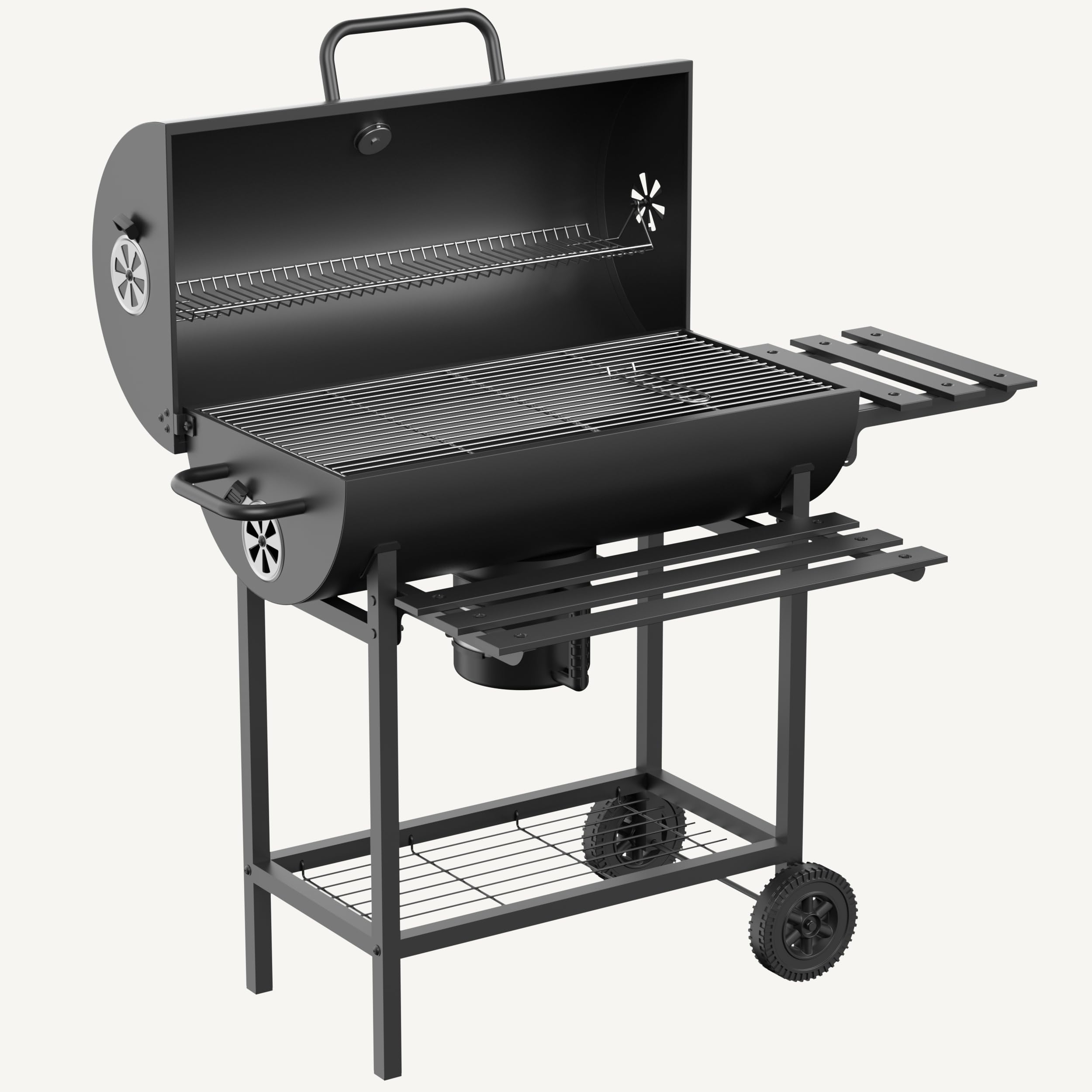 TEENO Barbecue à Charbon de Bois, Grille XXL Double Couche, Thermomètre, Tiroir à Cendres, Évents Réglables, Roulettes, Tablettes Latérales, Gants et Pince, Barbecue Extérieur Jardin Balcon Famille