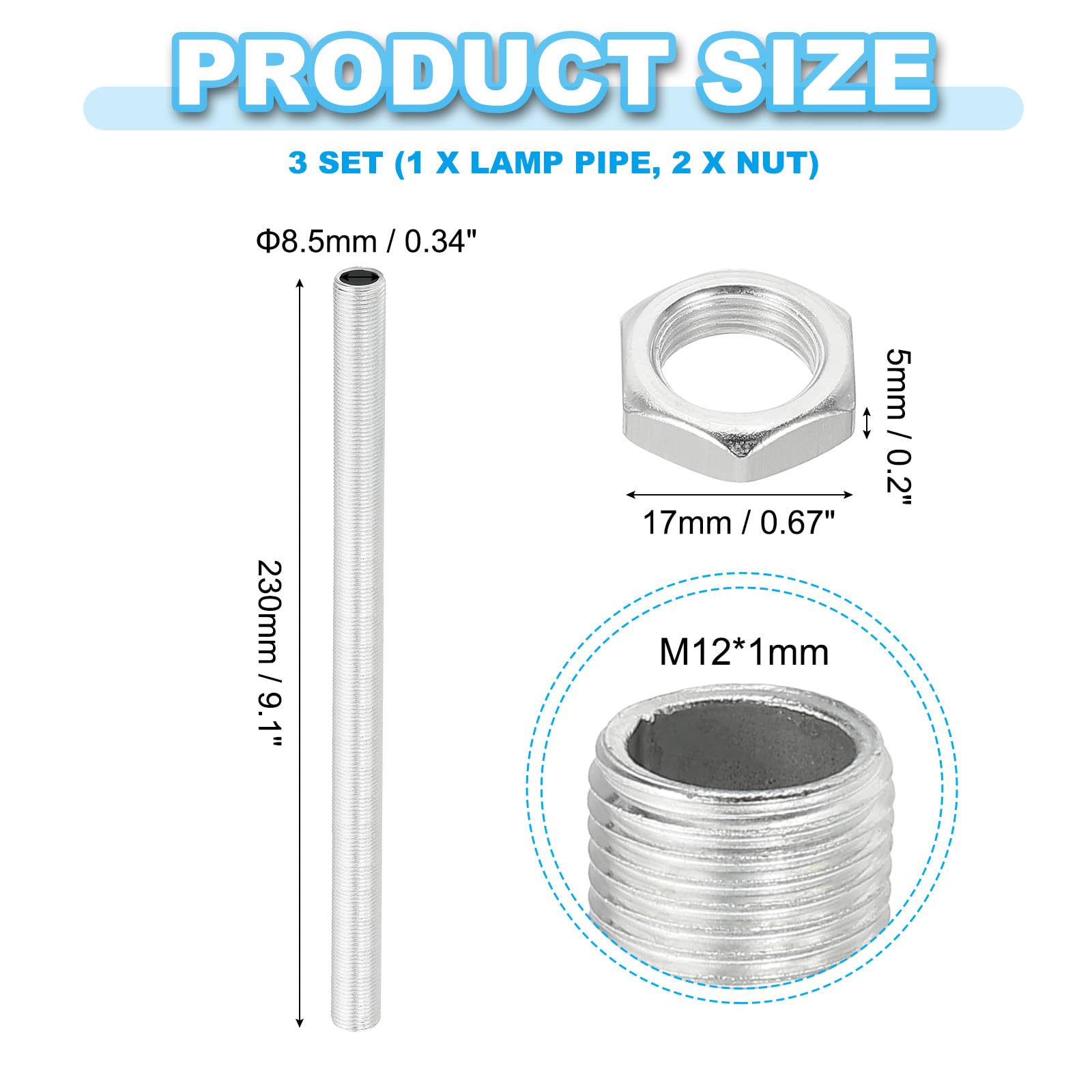 PATIKIL M12 Thread 230mm/9.1" Lamp Pipe Kit with Lock Nuts - Image 2