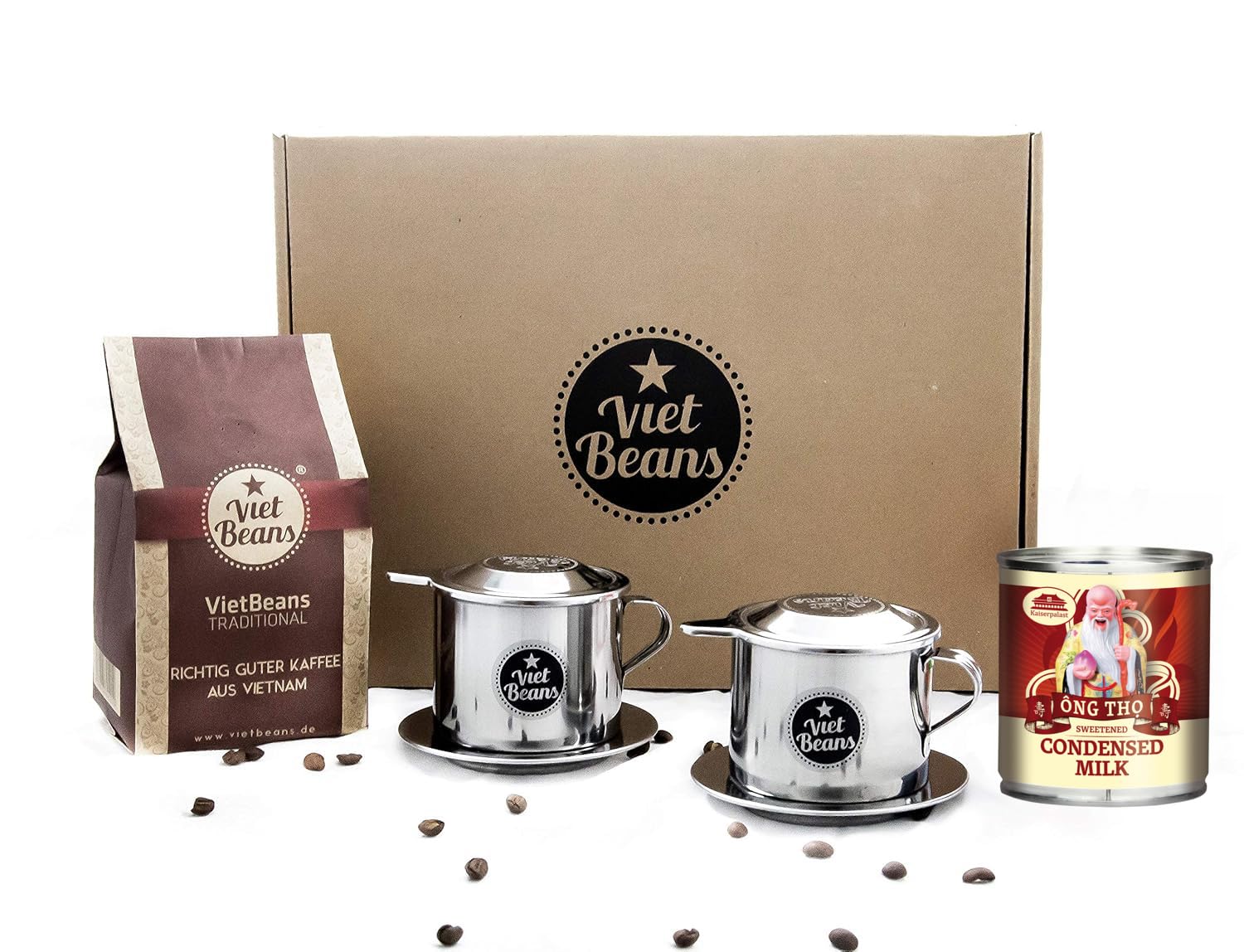 VietBeans Geschenkset Frühstück zu zweit Kaffeegeschenk 250g gemahlener Traditional 2x Edelstahlfilter Phin Kondensmilch