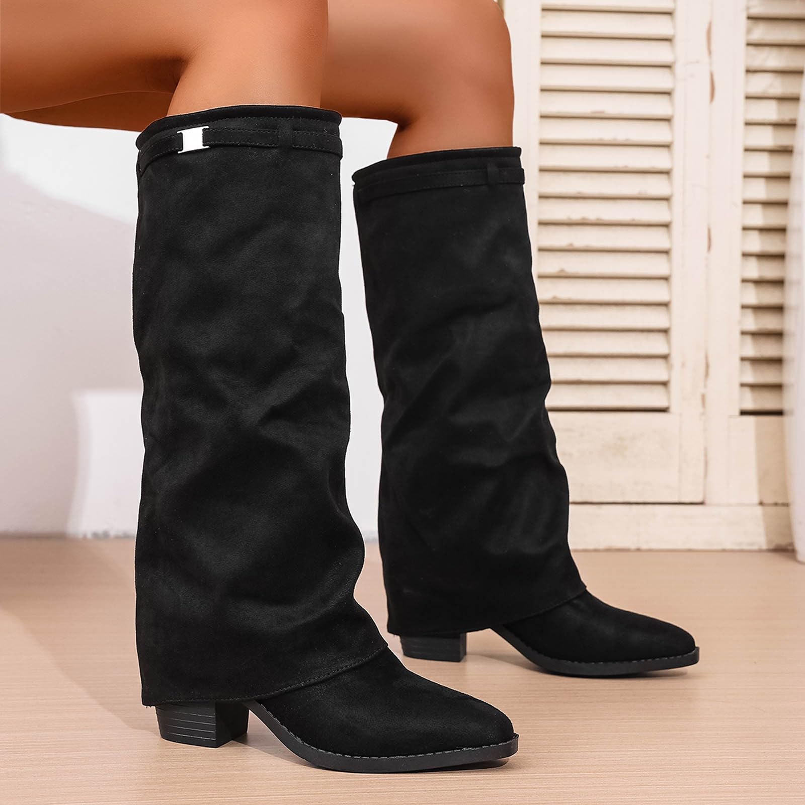 Overknees Stiefel Damen Fold Over Shark Boot Einfarbig Kniehohe Stiefel mit Absatz Blockabsatz Übergangsstiefel Dressy Kniestiefel Mittelalter Schuhe Retro Damenstiefel für Herbst Winter Alltag Casual