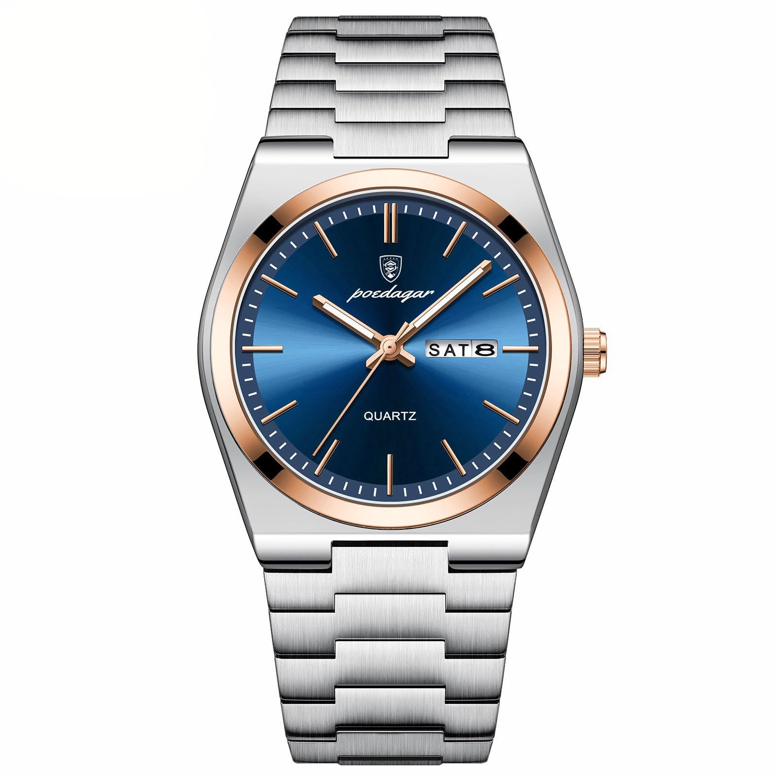 Poedagar Orologio da polso da uomo, al quarzo, impermeabile, luminoso, con data, settimana, alla moda, business, classico, in acciaio inox, orologio da uomo