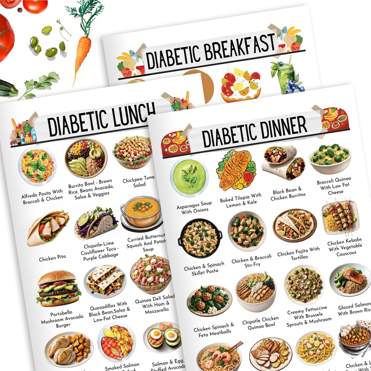 Diabetes Food List Chart Poster, 3pcs Daily Meal Plan Print for Pre-Diabetes, Type 2 Diabetes Low Glycemic Index Diet Food Art, Diabetic Diet Guide