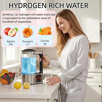 Hydrogen Water Machine Generator, SPE PEM Technology, 2L Large Capacity Hydrogen Water Purifier with Heating & Self-Cleaning, Medical Grade Glass, Antioxidant Water Maker for Family Health