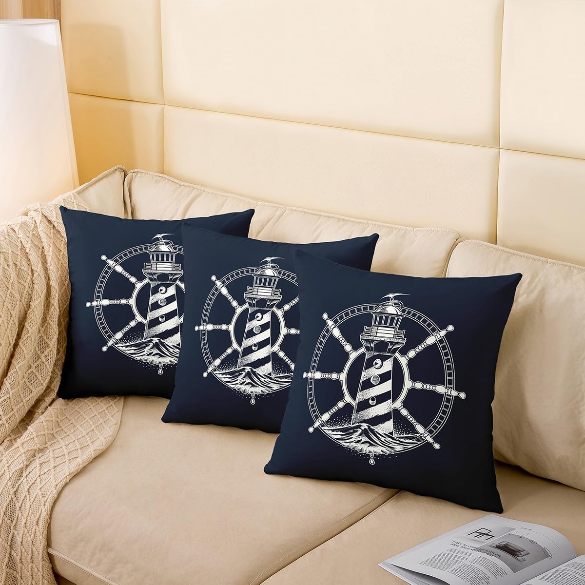 Pack of 2 Nautical Decorative Throw Pillow Covers, Soft Lighthouse Rudder Pattern Square Cushion Case Set for Couch Sofa Bedroom Living Room, Sea Adventure Pillow Cases Pillowcases, 22x22 Inches