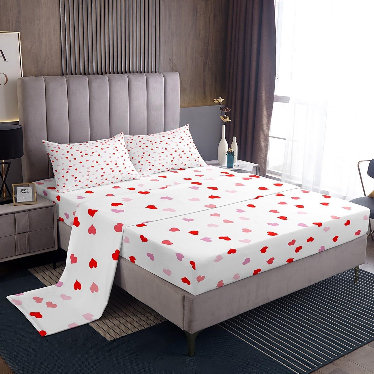 Feelyou Cute Red Love Heart Bed Sheets Set Boys Girls King Size Valentines Day Sheet Set for Kids Women Men Heart Pattern Sheets with Deep Pocket Fitted Sheet The Lovers' Day Bedding Set Pink Bed Set
