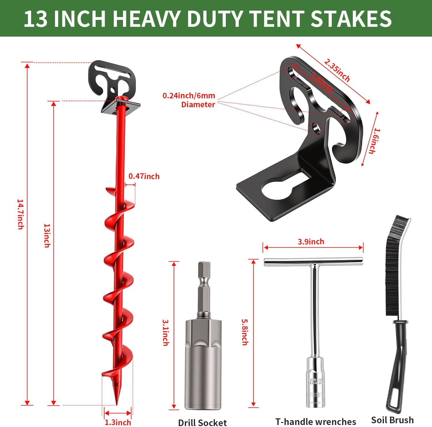 13" Heavy Duty Spiral Tent Stakes, 4 Pack Drill-In Ground Anchors 4-Color Outdoor Stakes for Camping, Canopy, Trampoline, with Multifunctional Hooks, Drill Socket, T-Handle, Brush & Canvas Bag