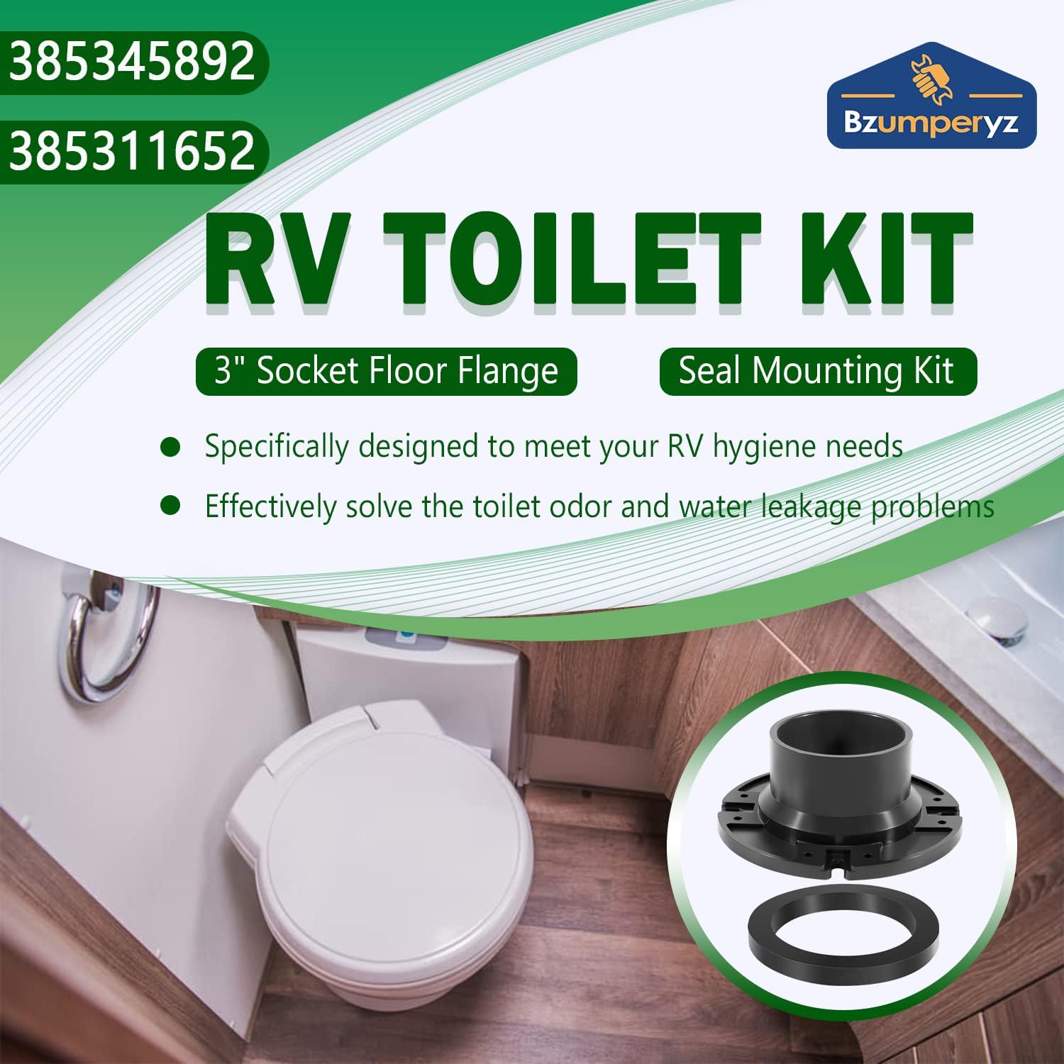 385345892 Toilet Socket Floor Flange 3" RV Toilet Flange + 385311652 RV Toilet Seal Kit RV Toilet Gasket Parts Compatible with Dometic Toilet
