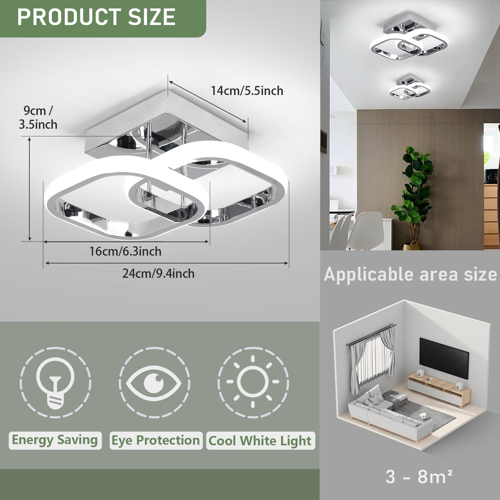 EIDISUNY LED Ceiling Light Modern Ceiling Lamp Silver Square Simple Ceiling Light Fixture LED for Corridor Kitchen Stairs Hallway Study Room Bedroom Living Room - Image 2