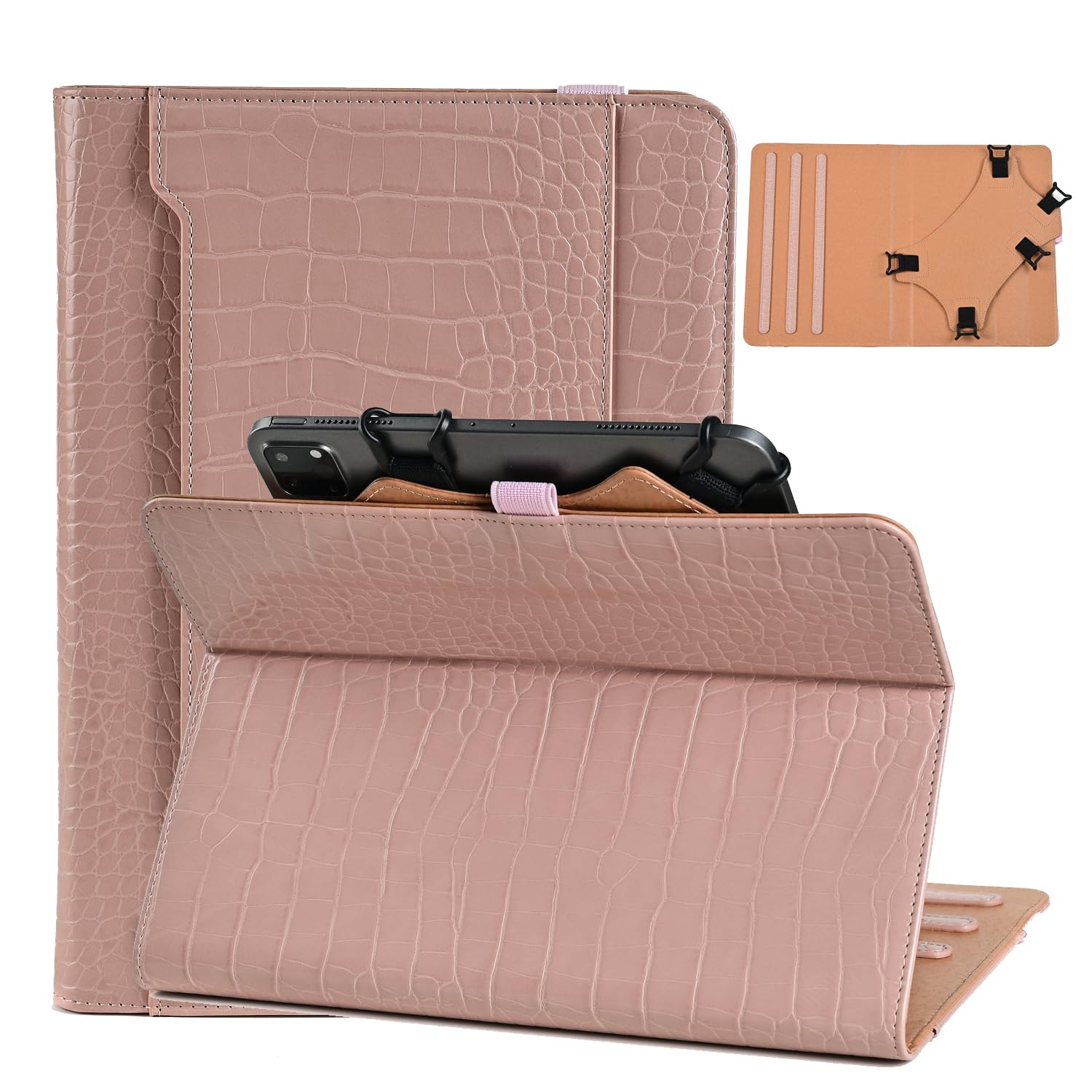 PHARRI 10 inch Touchscreen Tablet Case, Universal 360 Degree Rotating Multi-Angle Viewing Stand Cover with Pocket, for TCL, Samsung,Dragon Touch and More 9.7 10.1 10.9 11 inch Tablet (Rosegold)