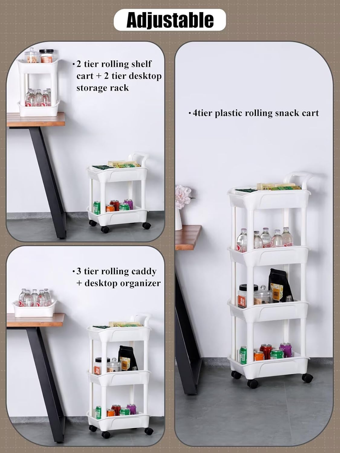 Adjustable 4-Tier Narrow Kitchen Rolling Storage Cart with Lockable Wheels for Kitchen Dorm Room, for Home Organization, Back to School White