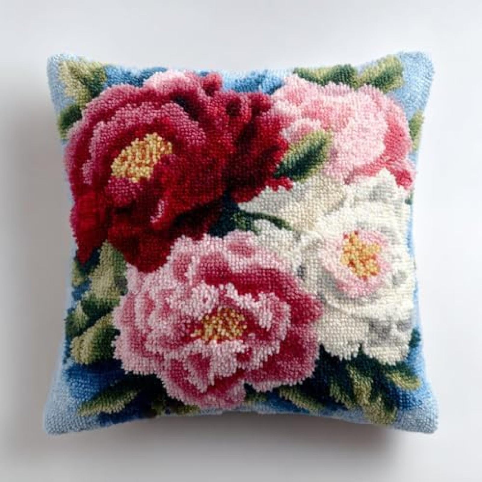 kitphoenix DIY Latch Hook Cushion Kit Peony Flowers and Sea Background,Beginner-Friendly Rug Hooking Pillow Kit,Crochet Craft Cushion Cover for Home Decor,43x43 cm-8